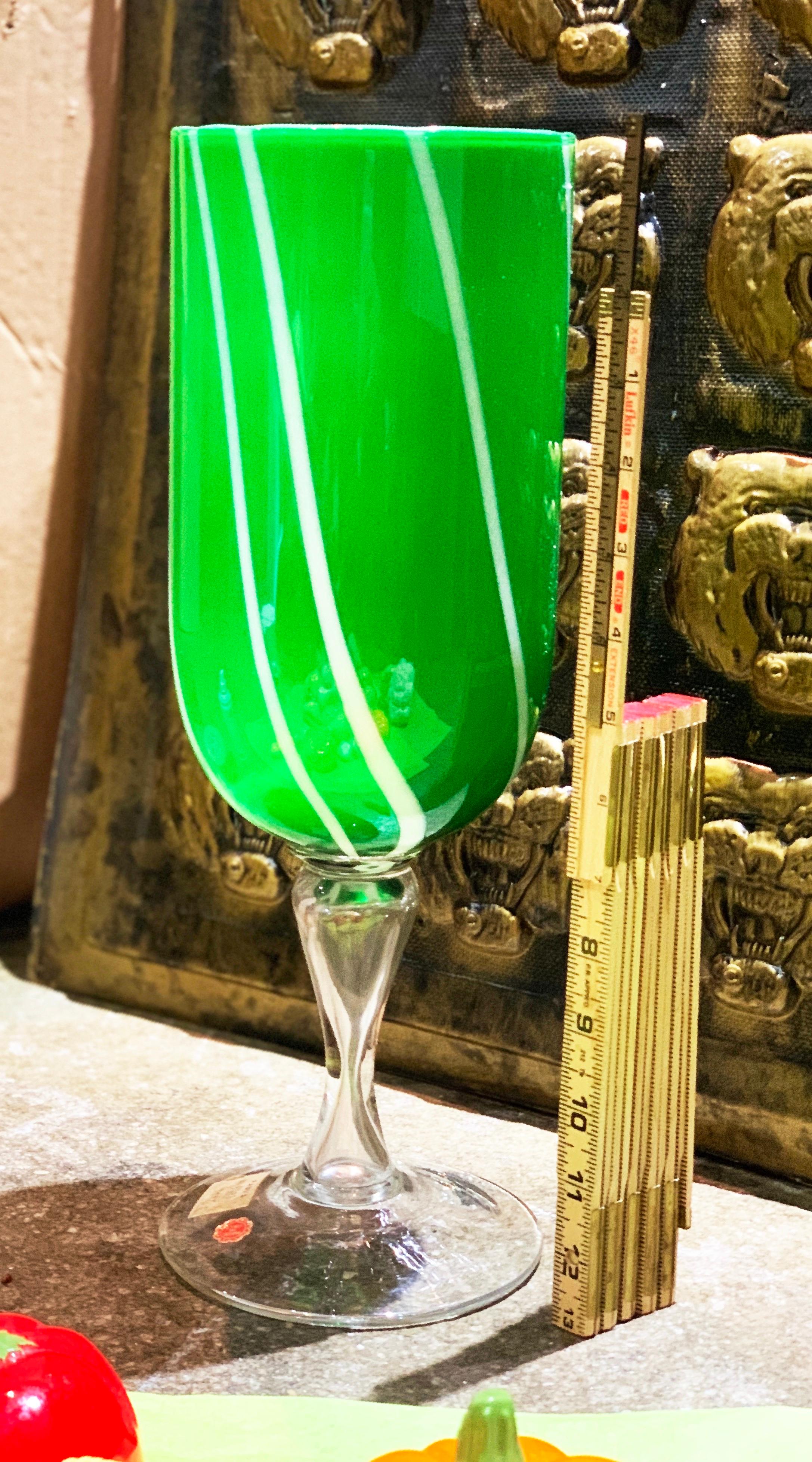 Midcentury Murano blown glass chalice vase pedestal, Kelly Green, 1960s, Venice. With import sticker.