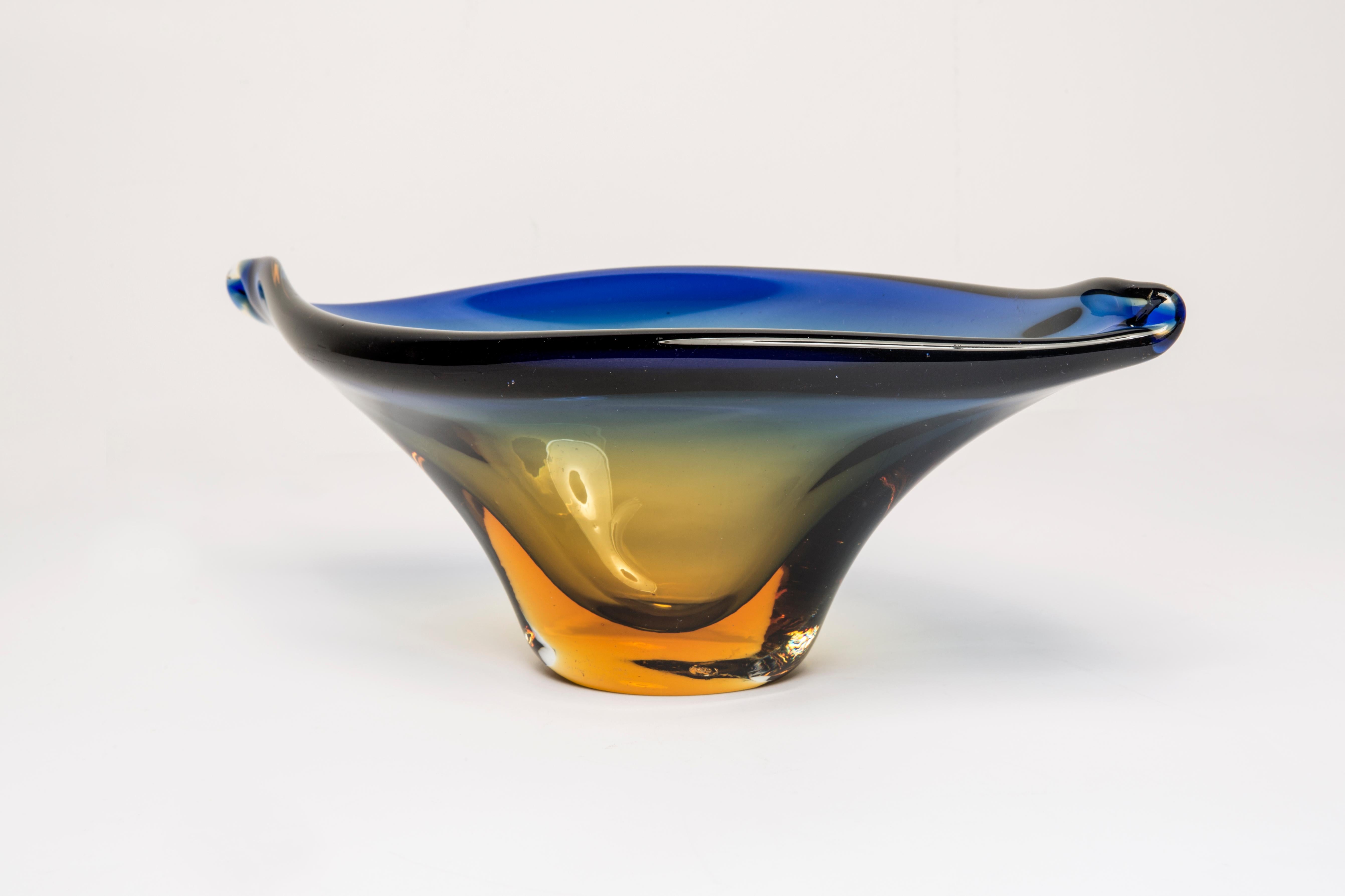 Midcentury Murano Blue and Yellow Glass Bowl Plate, Italy, 1970s 2