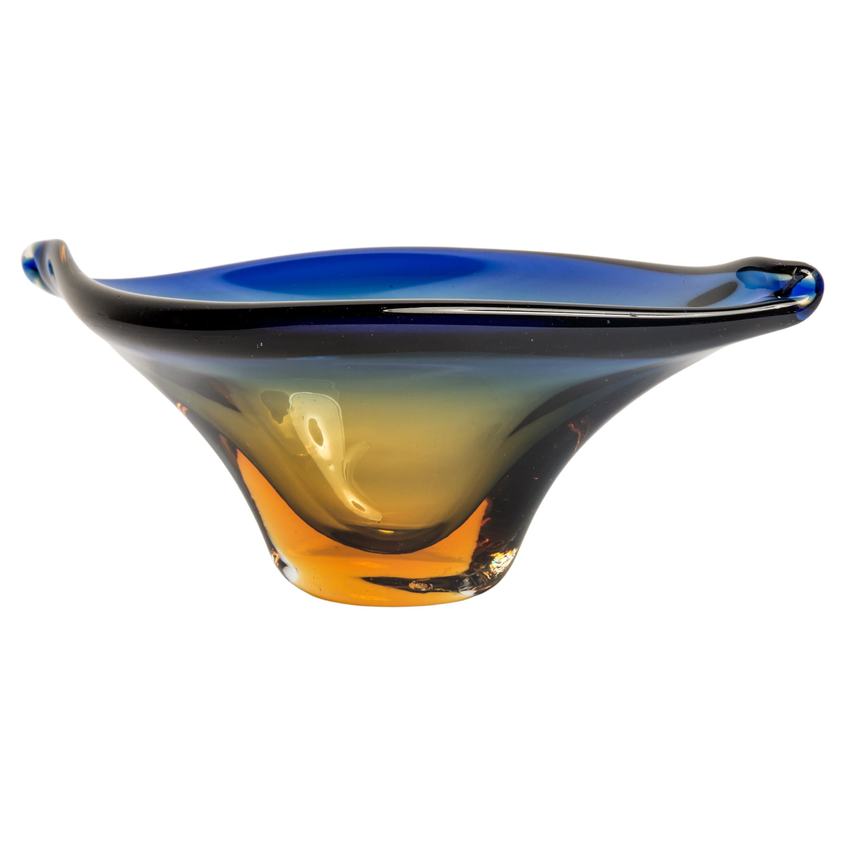 Midcentury Murano Blue and Yellow Glass Bowl Plate, Italy, 1970s