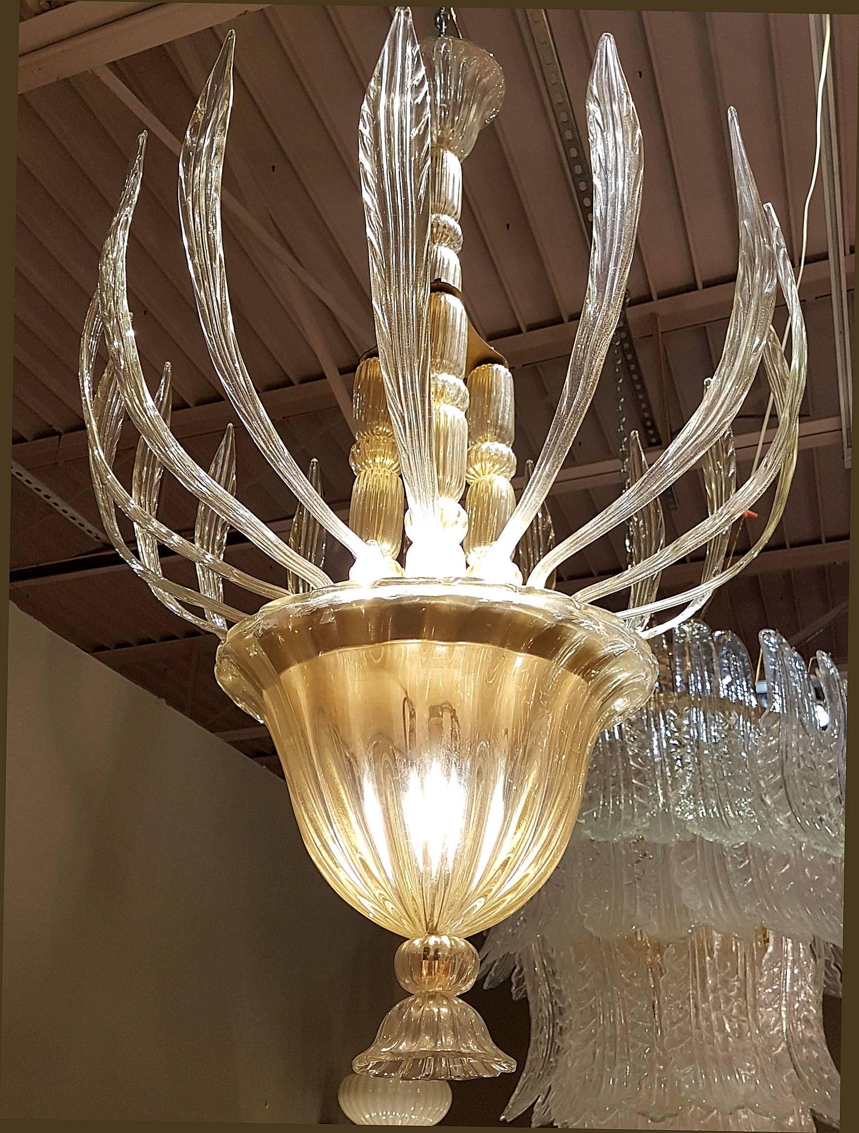 Mid-Century Murano glass chandelier by Barovier e Toso with gold leaf inclusions.