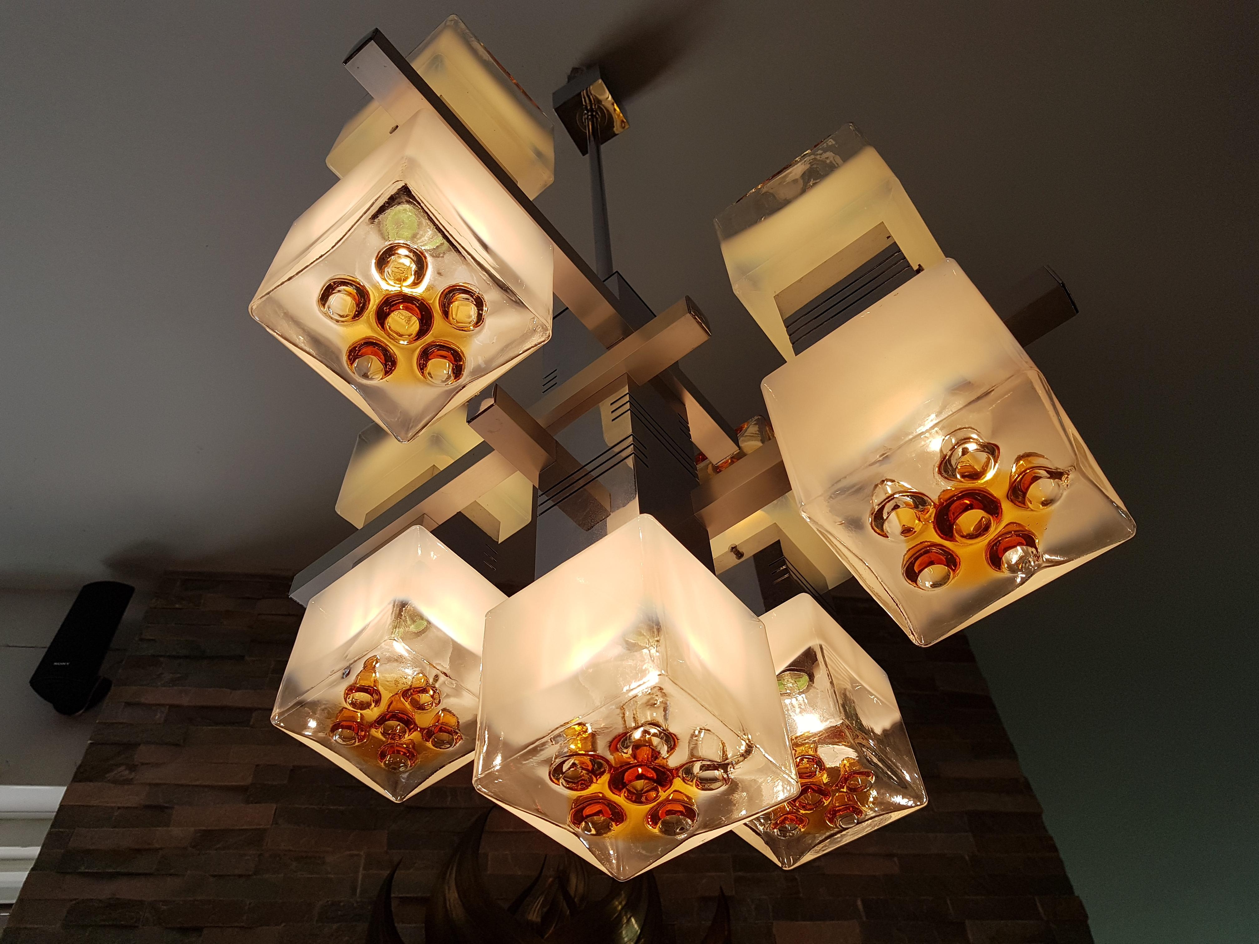 Midcentury chandelier by Mazzega, Italy, 1968. Extraordinary with 9 colored and frosted Murano glass cubes. Perfect vintage condition.