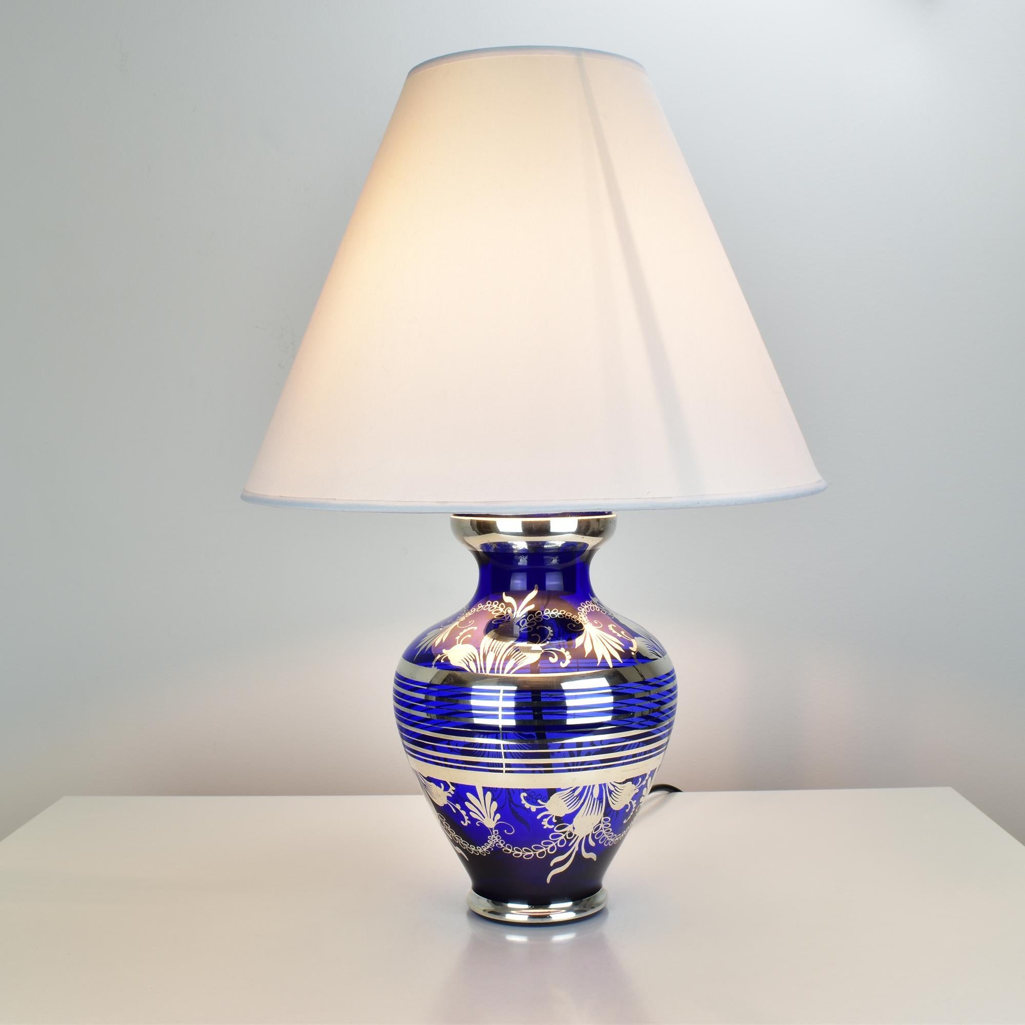 Mid-Century Modern Mid-Century Murano Cobalt Blue Glass Table Lamp with Silver Overlay Balboa attr. For Sale