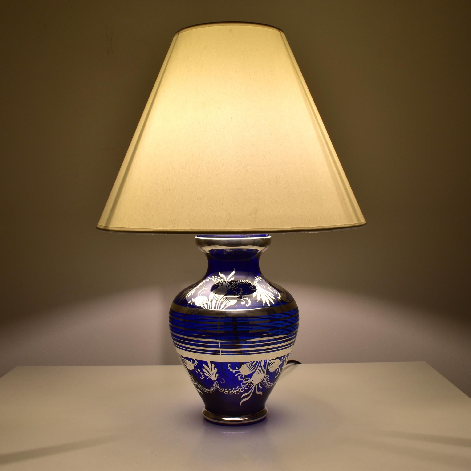 Italian Mid-Century Murano Cobalt Blue Glass Table Lamp with Silver Overlay Balboa attr. For Sale