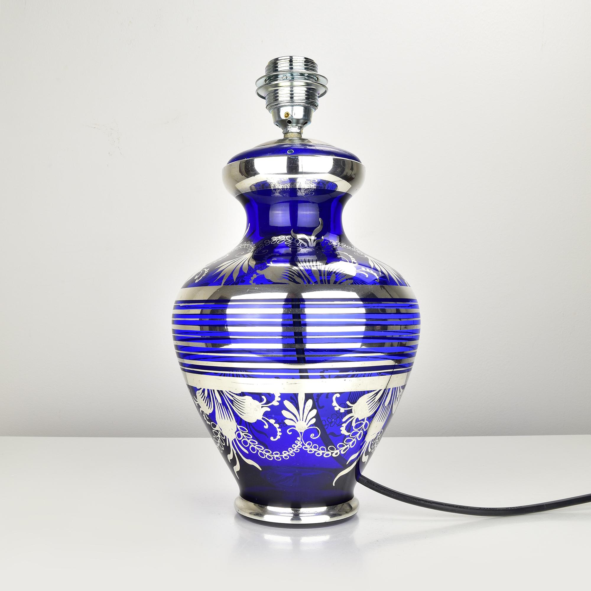 Mid-20th Century Mid-Century Murano Cobalt Blue Glass Table Lamp with Silver Overlay Balboa attr. For Sale