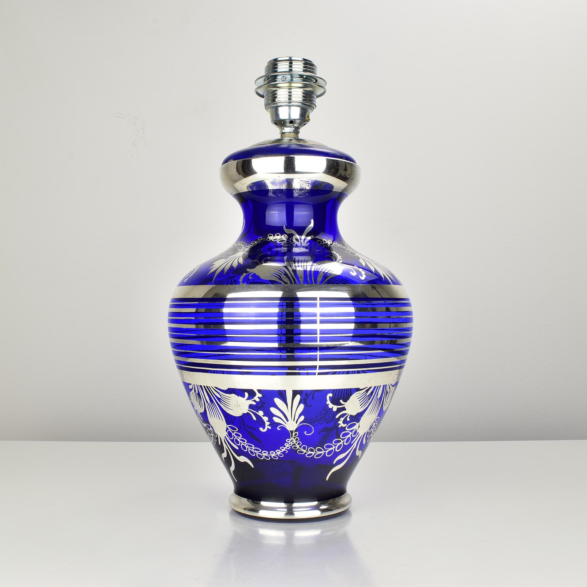 Mid-Century Murano Cobalt Blue Glass Table Lamp with Silver Overlay Balboa attr. For Sale 1