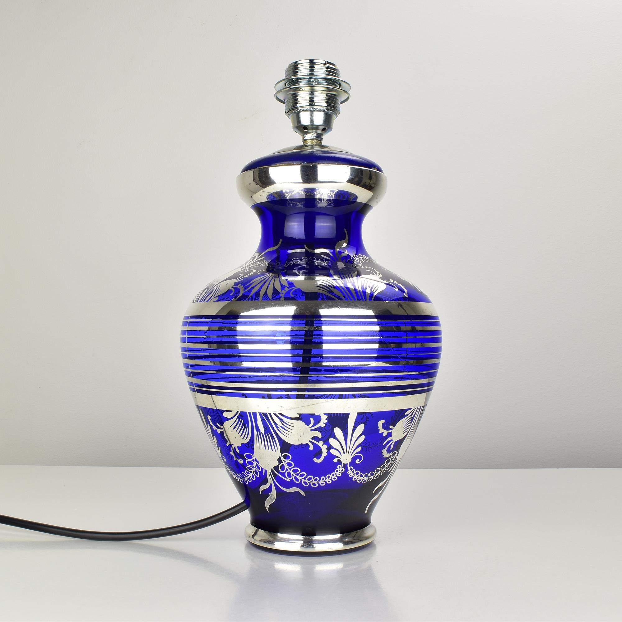 Mid-Century Murano Cobalt Blue Glass Table Lamp with Silver Overlay Balboa attr. For Sale 2