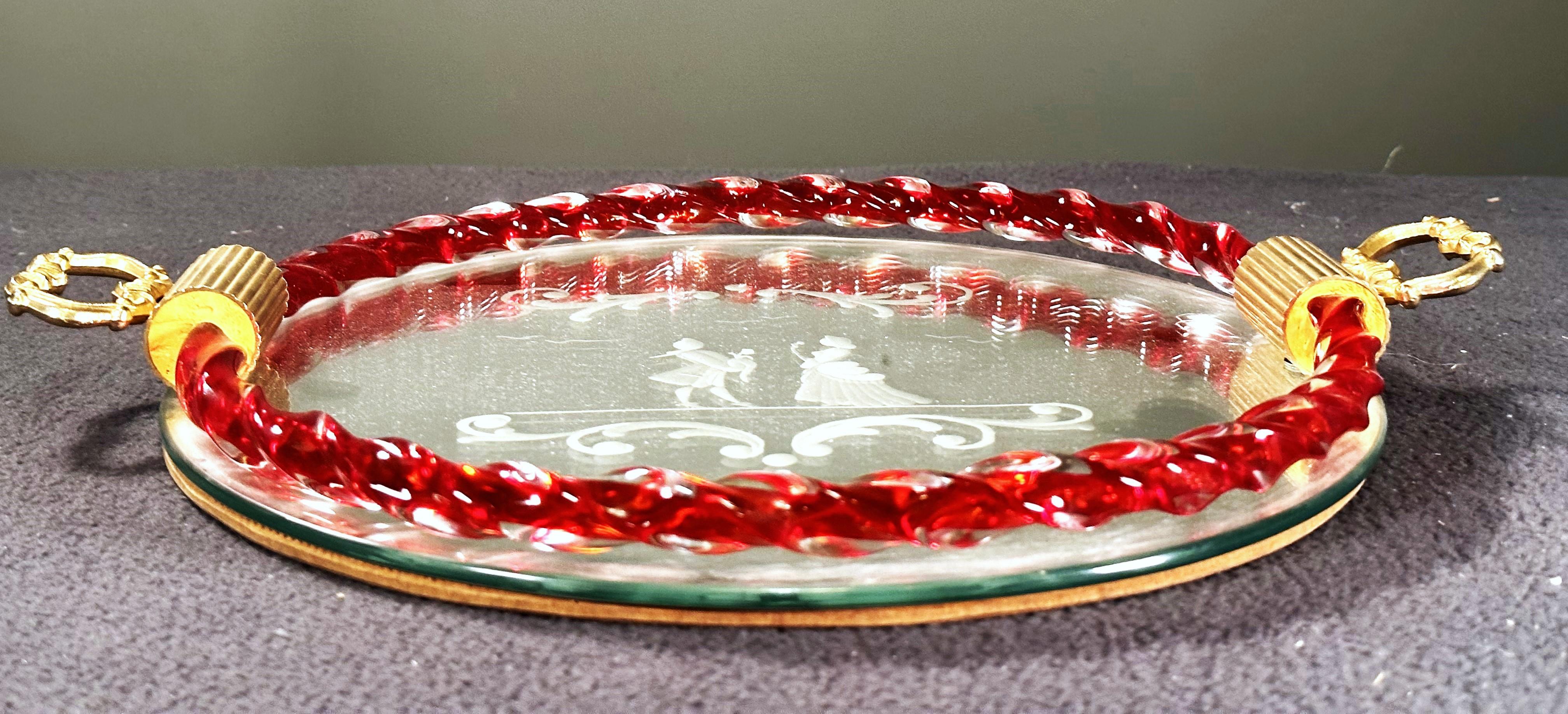 Mid-Century Murano etched Glass and Mirror Tray, Italy 1960 For Sale 6