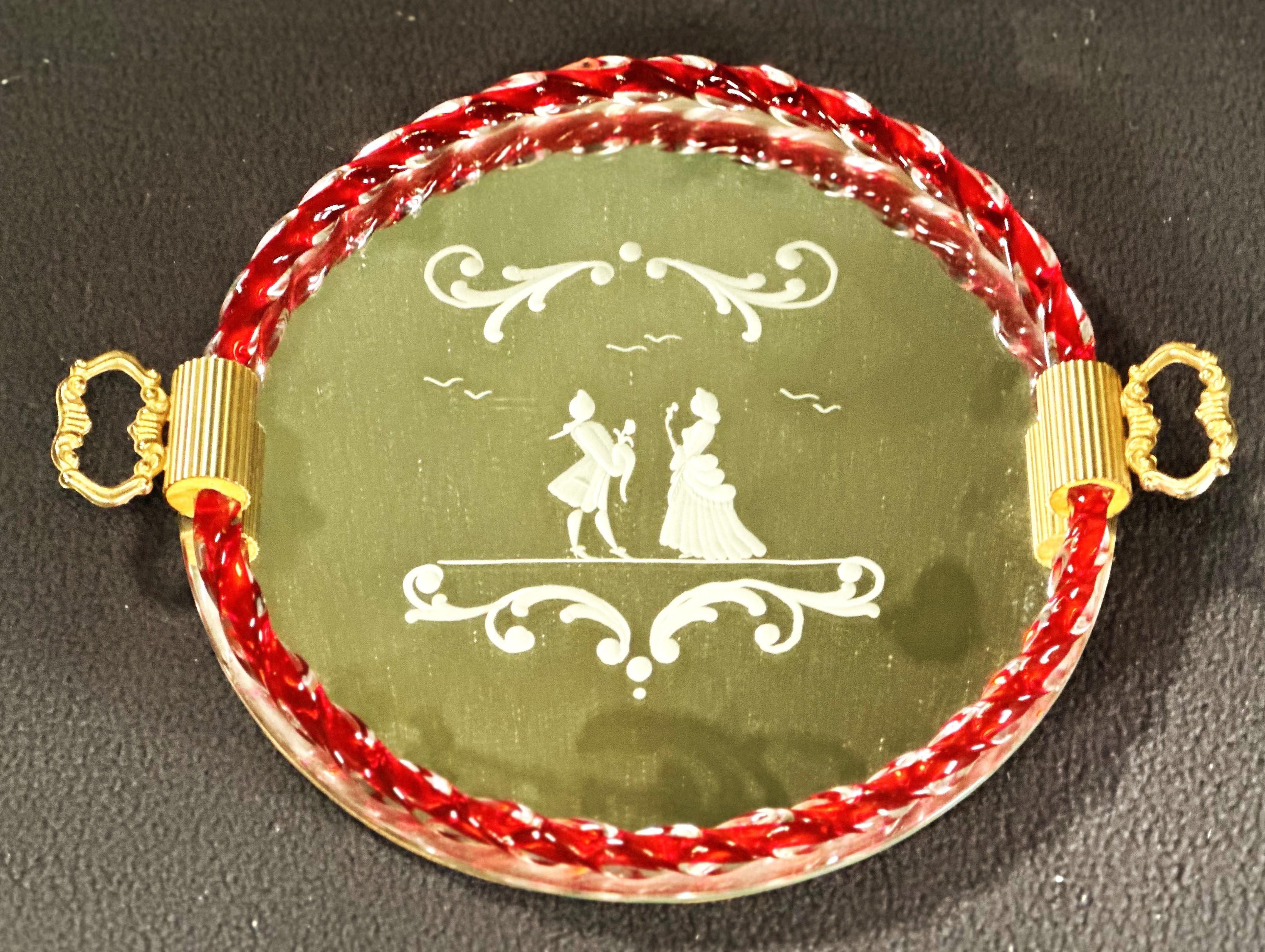 Bandeja de cristal grabado y espejo de Murano de mediados de siglo, Italia 1960 en venta 13
