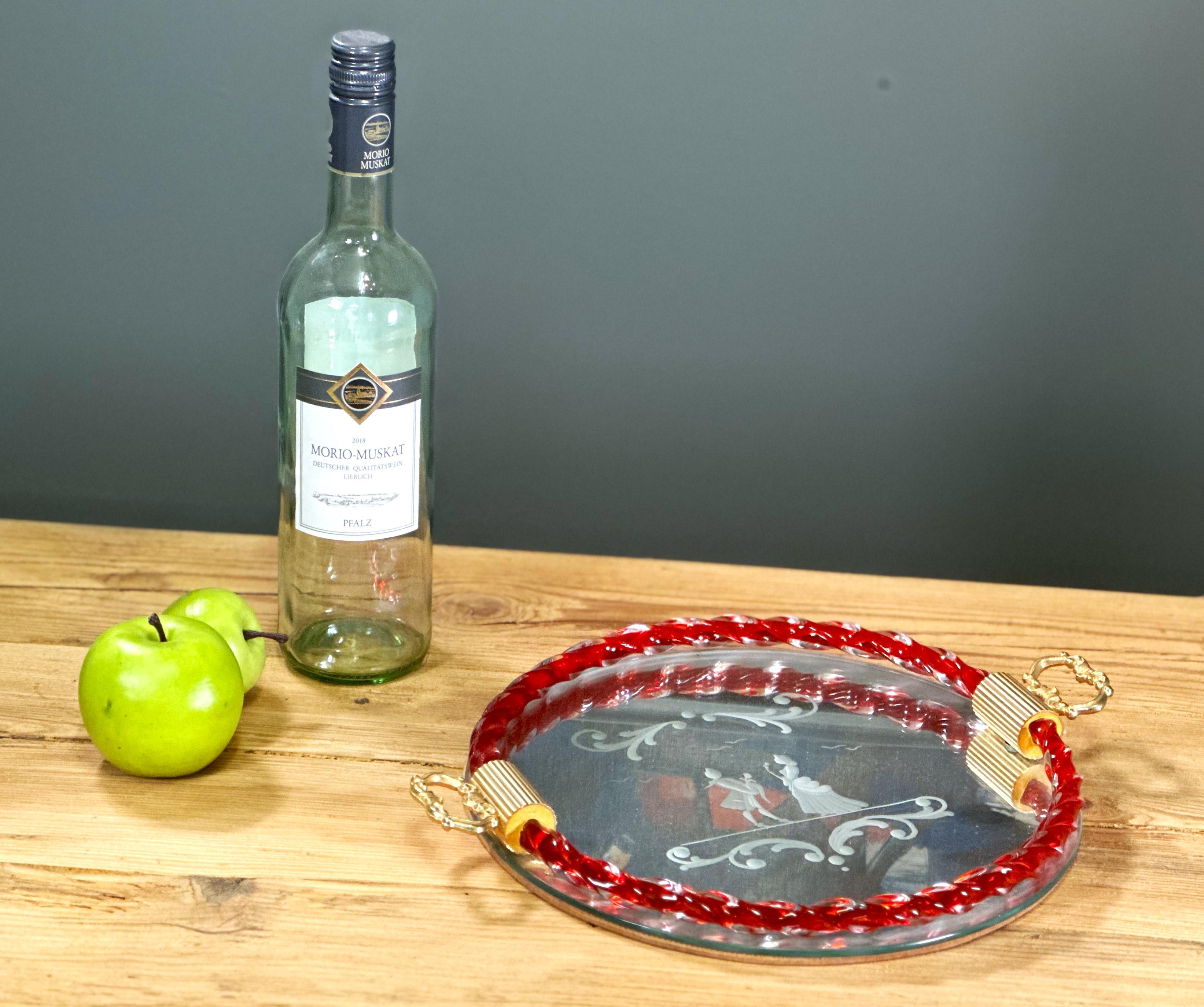 Bandeja de cristal grabado y espejo de Murano de mediados de siglo, Italia 1960 Moderno de mediados de siglo en venta