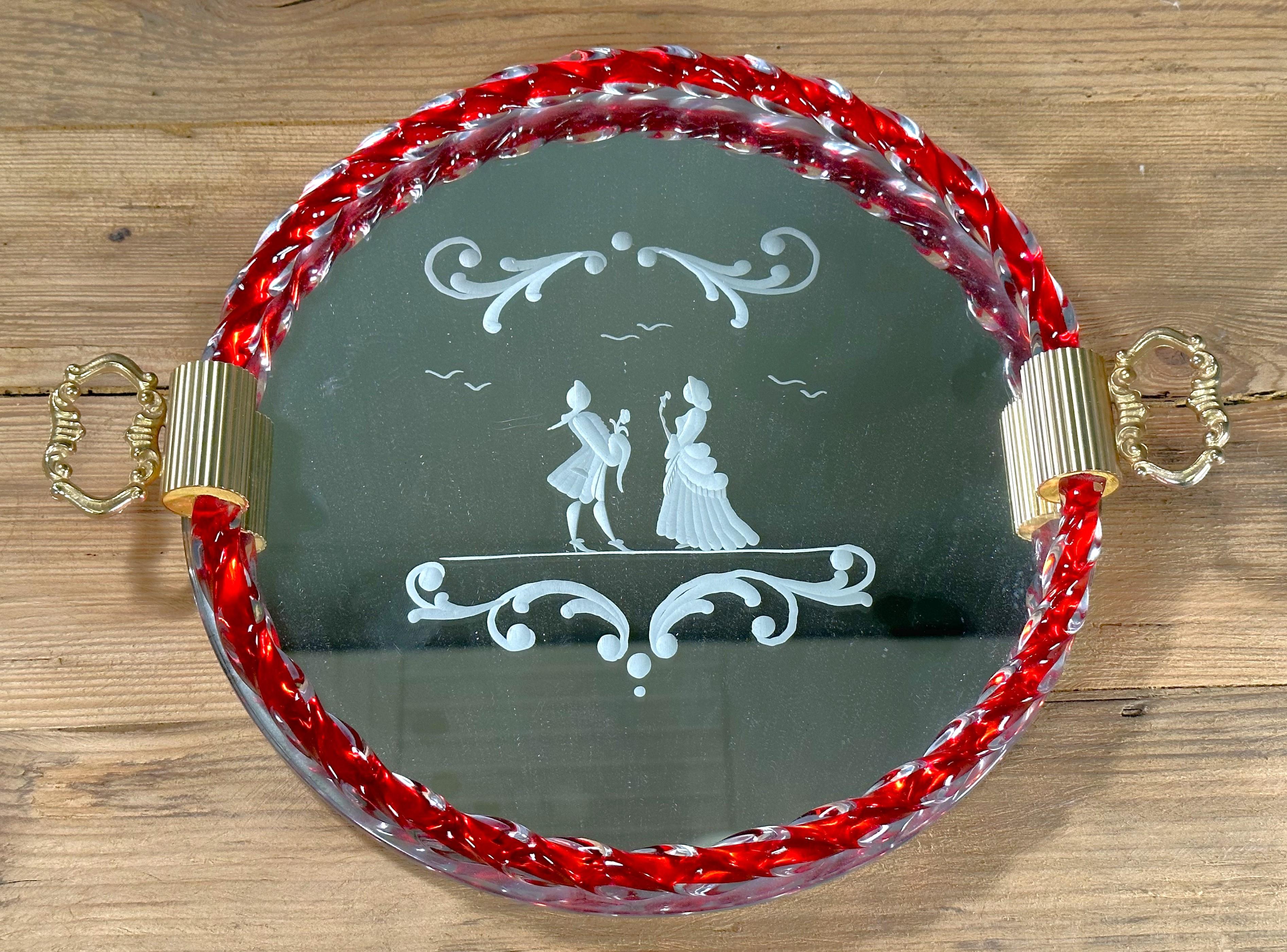 Italian Mid-Century Murano etched Glass and Mirror Tray, Italy 1960 For Sale