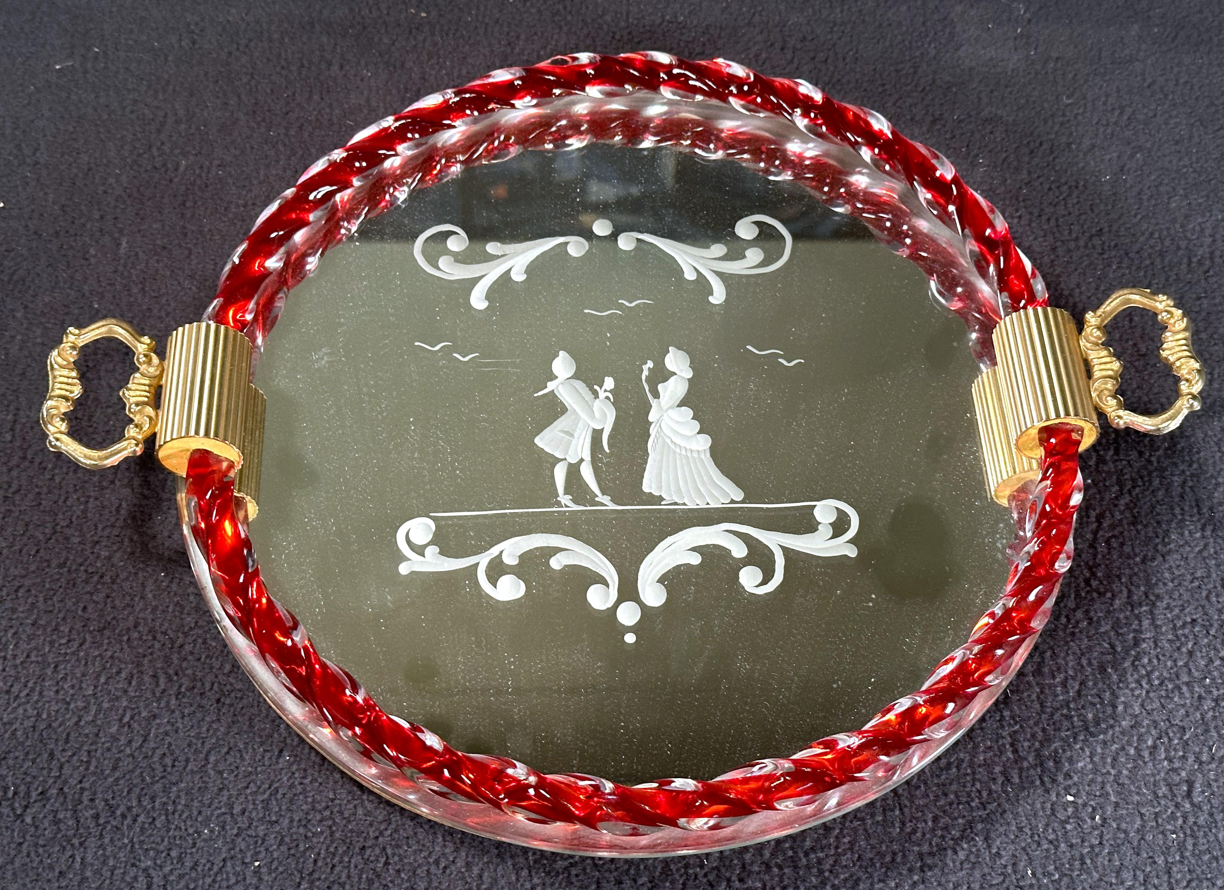 Mid-Century Murano etched Glass and Mirror Tray, Italy 1960 In Good Condition For Sale In Saarbruecken, DE