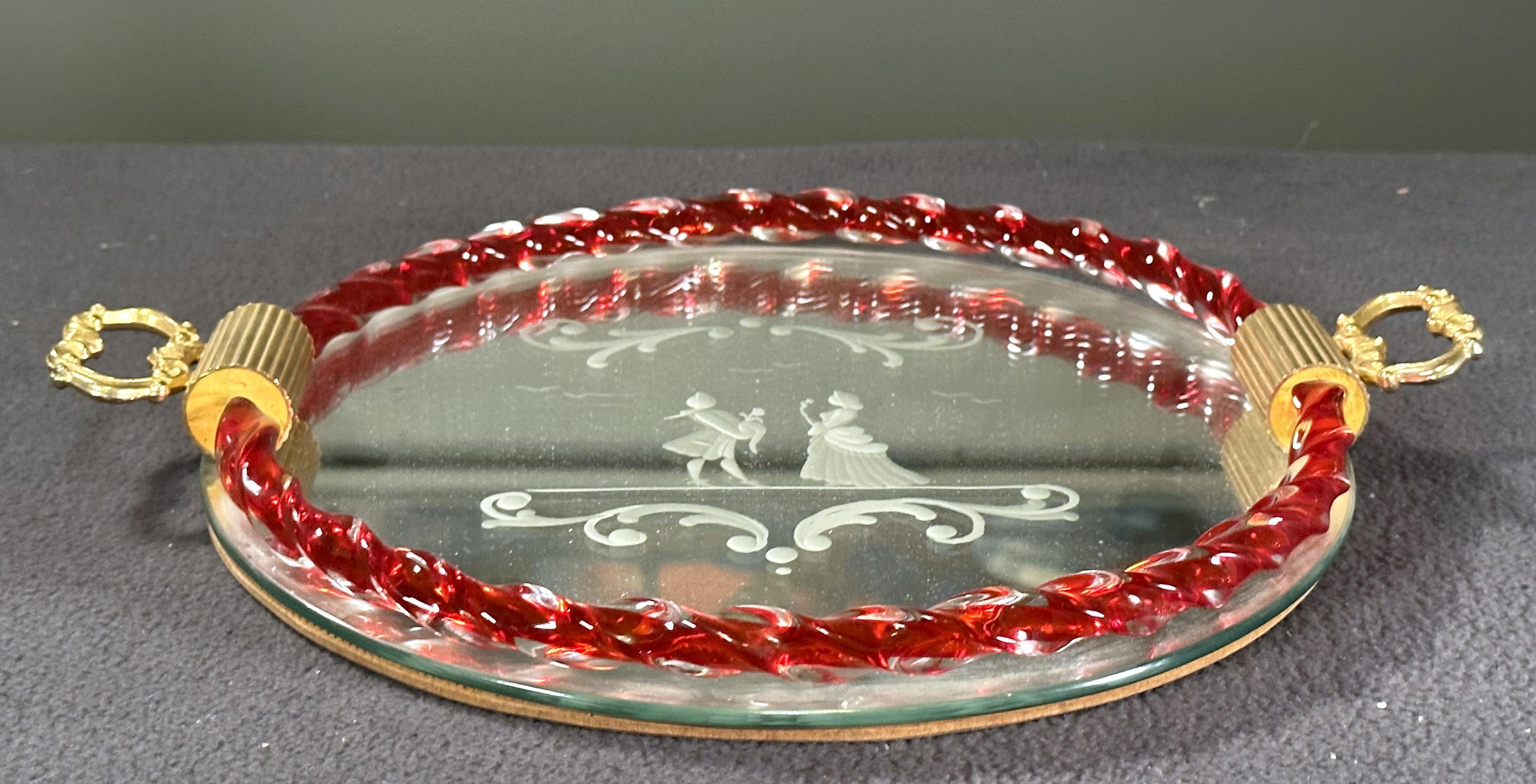 Mid-20th Century Mid-Century Murano etched Glass and Mirror Tray, Italy 1960 For Sale
