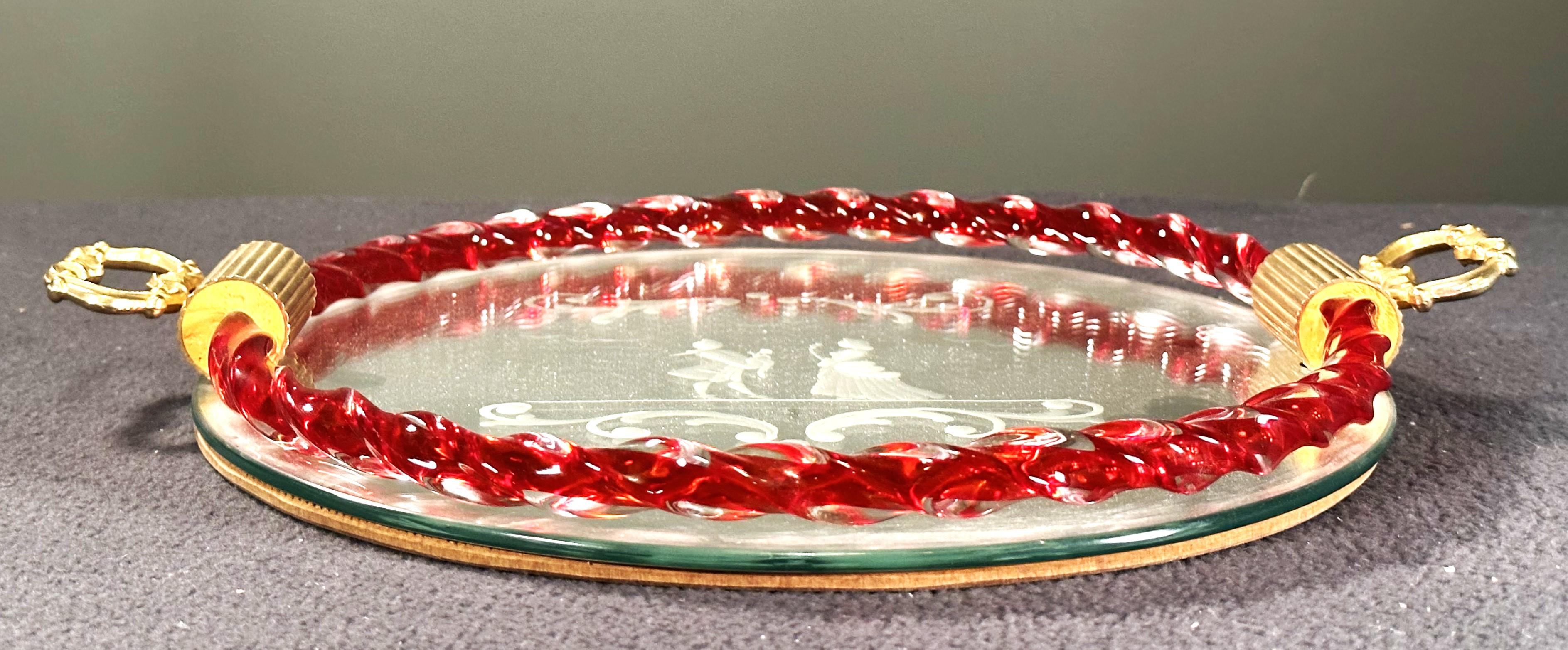 Brass Mid-Century Murano etched Glass and Mirror Tray, Italy 1960 For Sale