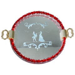 Mid-Century Murano etched Glass and Mirror Tray, Italy 1960