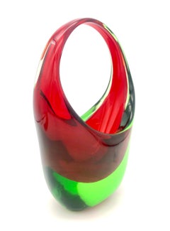 Mid Century Murano Glass Vase Glass Basket Red Green