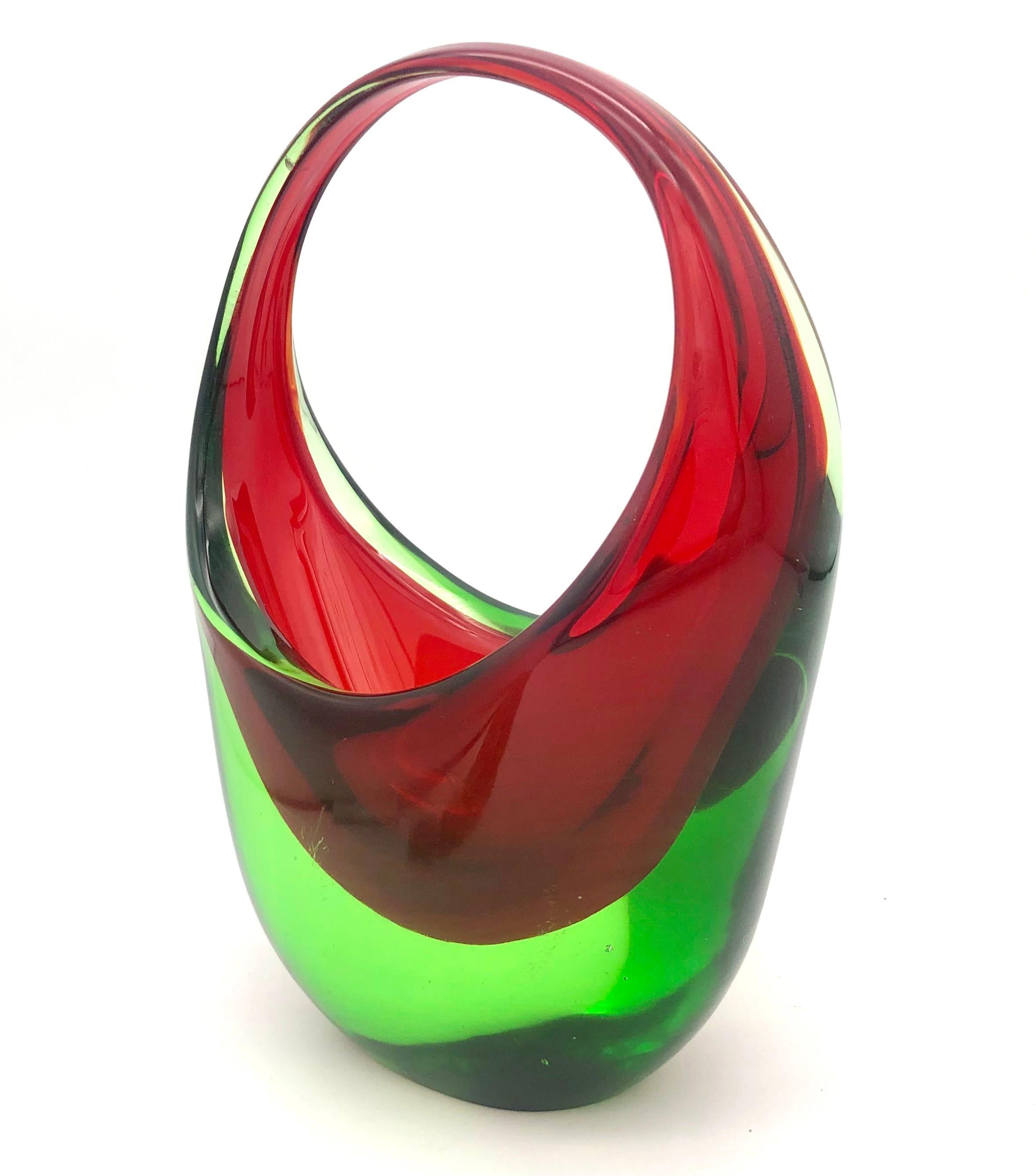 Mid-Century Modern Mid-Century Murano Glas Vase Glas Basket Red And Green For Sale