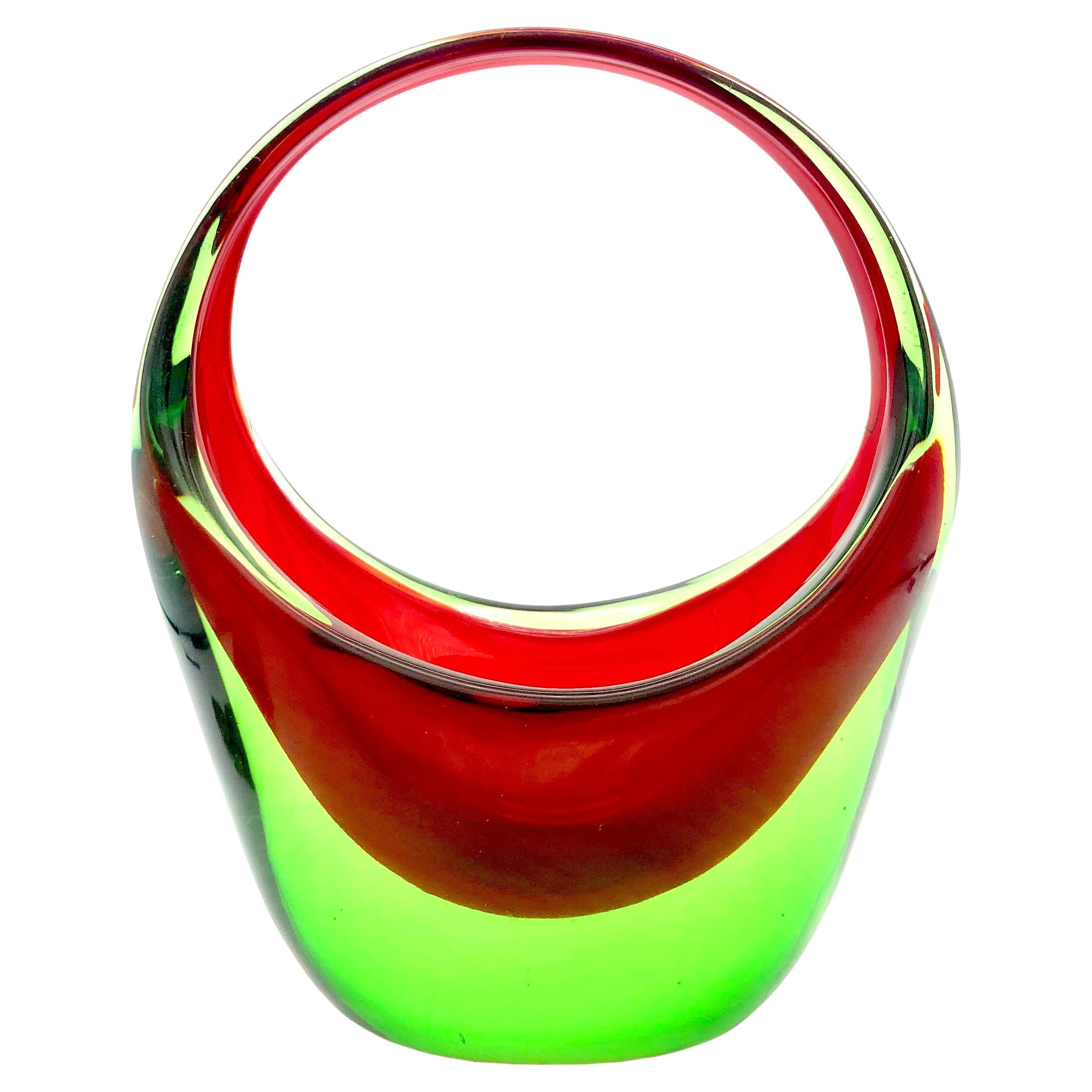 Mid-Century Murano Glas Vase Glas Basket Red And Green For Sale