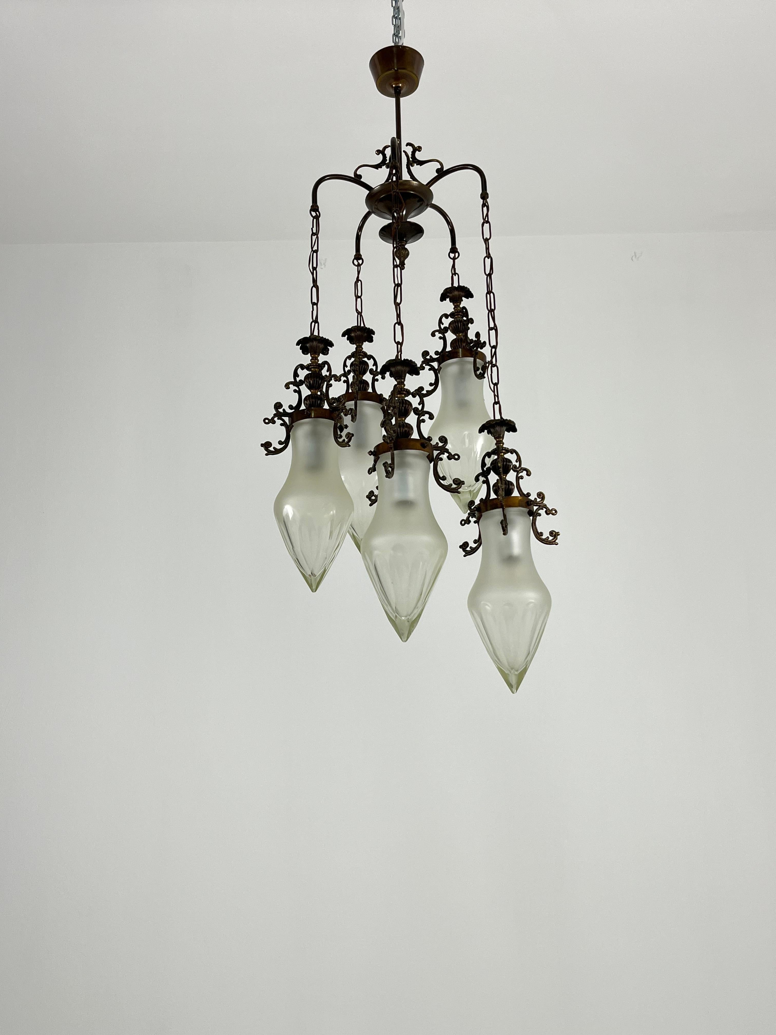 Lampadario a 5 luci a cascata in vetro di Murano del 1960 in vendita 5