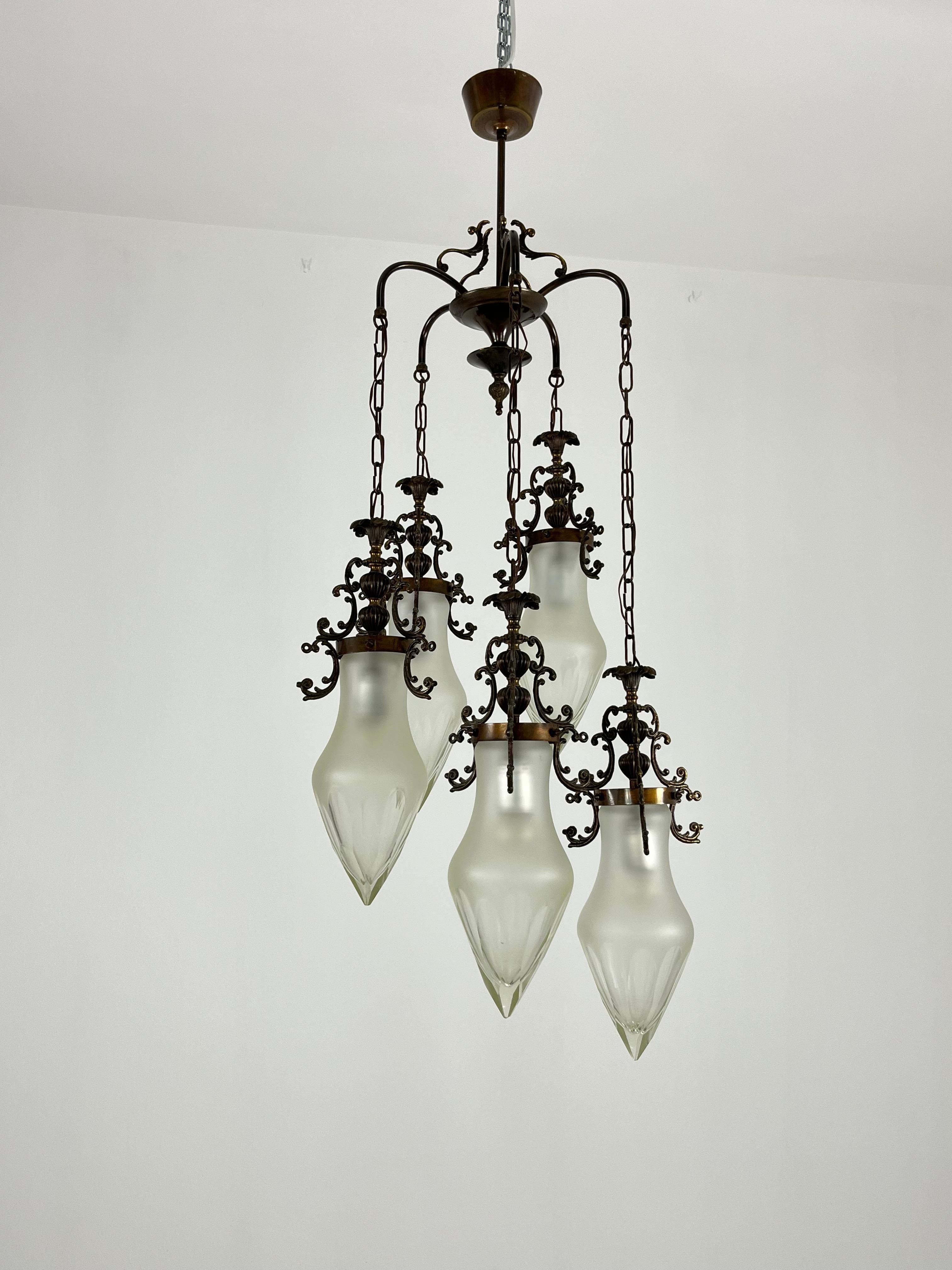 Italiano Lampadario a 5 luci a cascata in vetro di Murano del 1960 in vendita