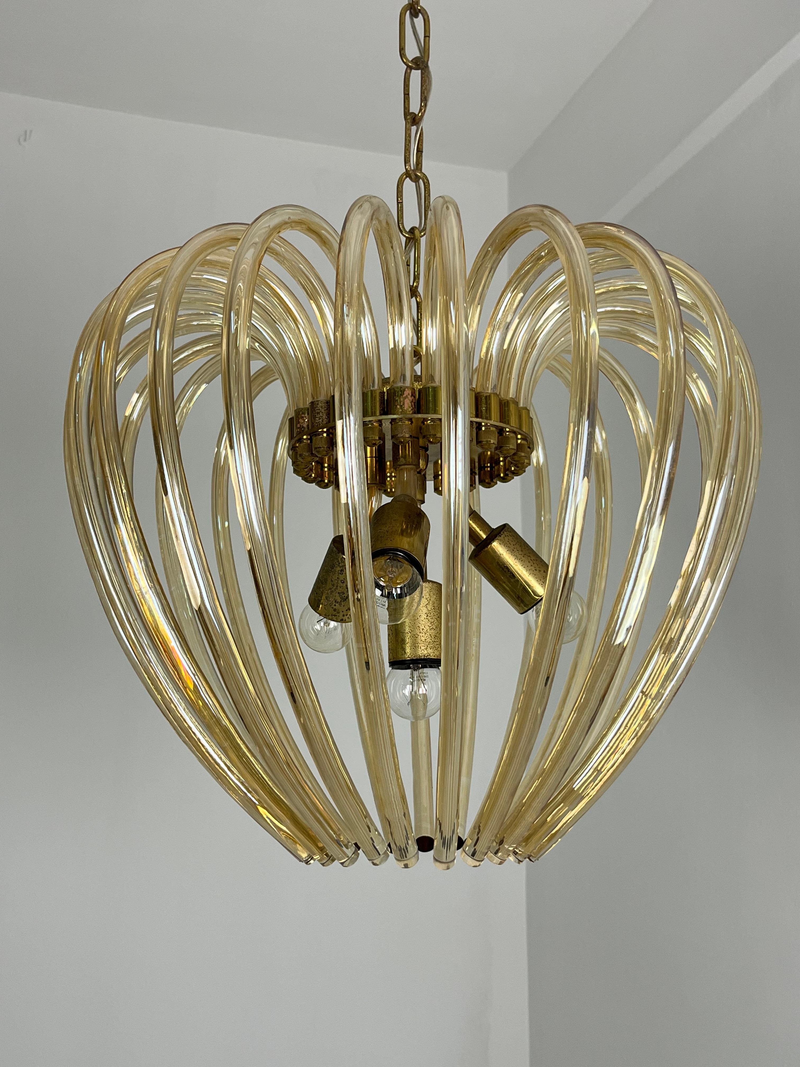 Lampadario a 4 luci in vetro di Murano e ottone della metà del secolo scorso attribuito a Venini, 1950 in vendita 6