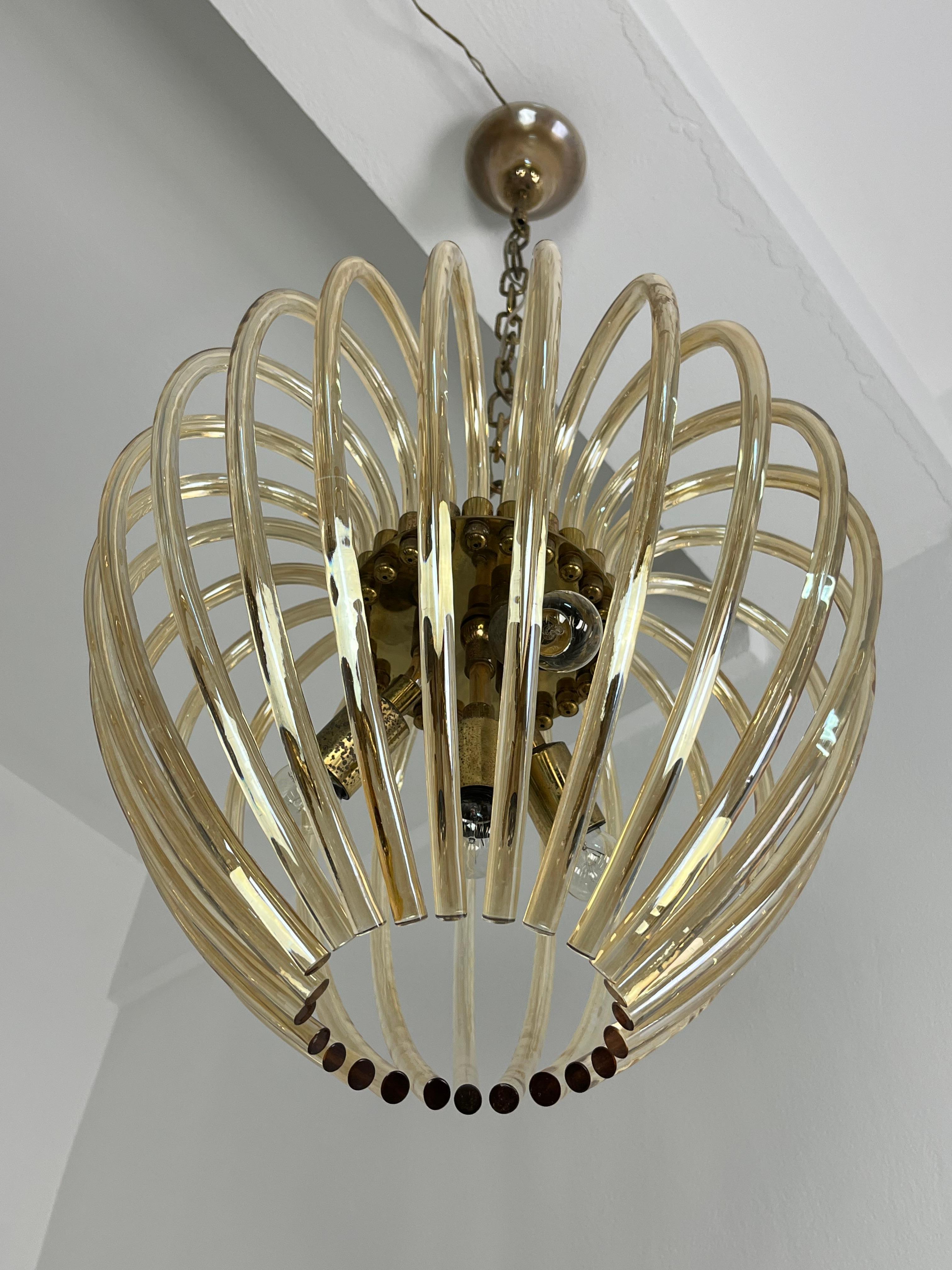 Lampadario a 4 luci in vetro di Murano e ottone della metà del secolo scorso attribuito a Venini, 1950 in vendita 1