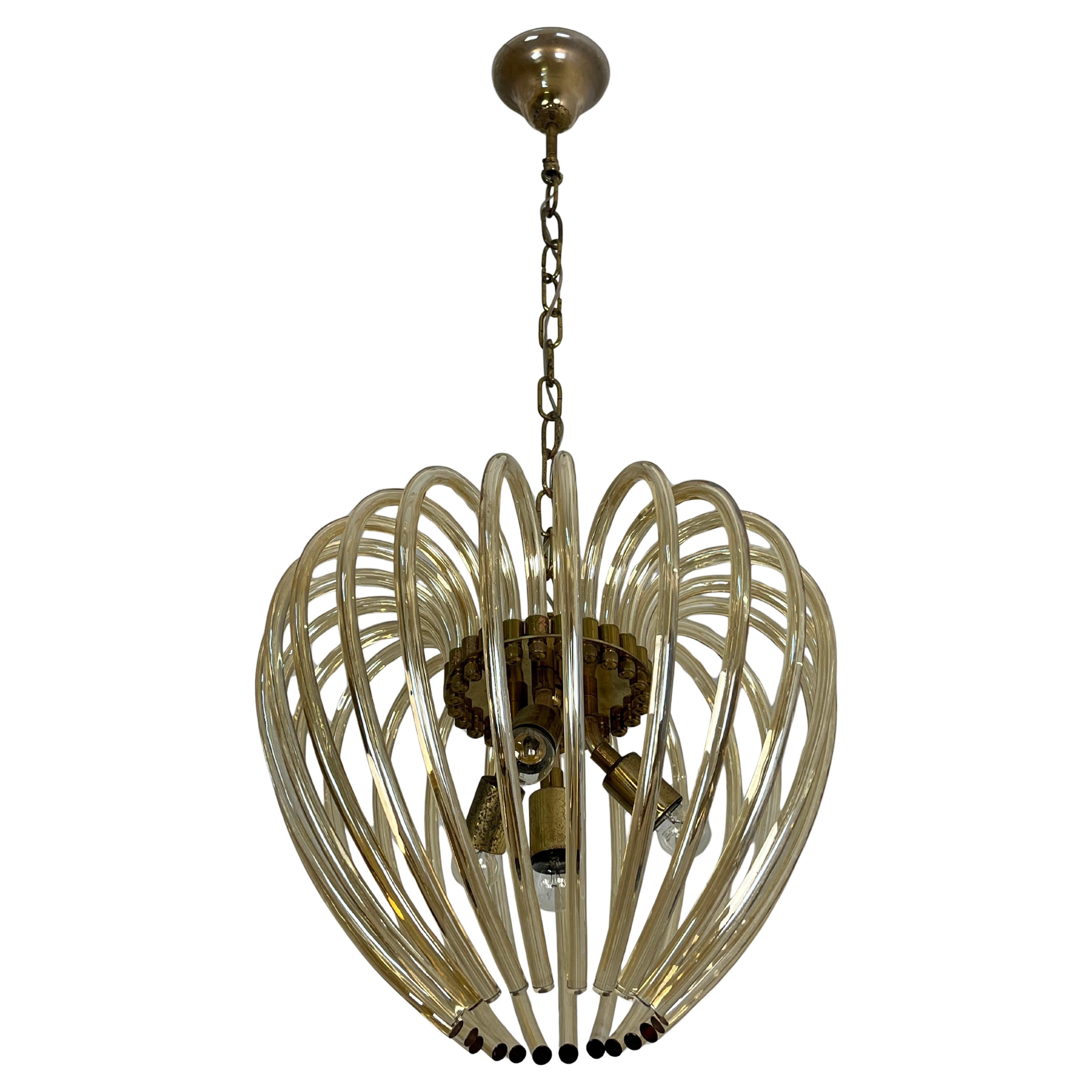Mid-century Murano Glass and Brass 4-light Chandelier attributed to Venini, 1950
