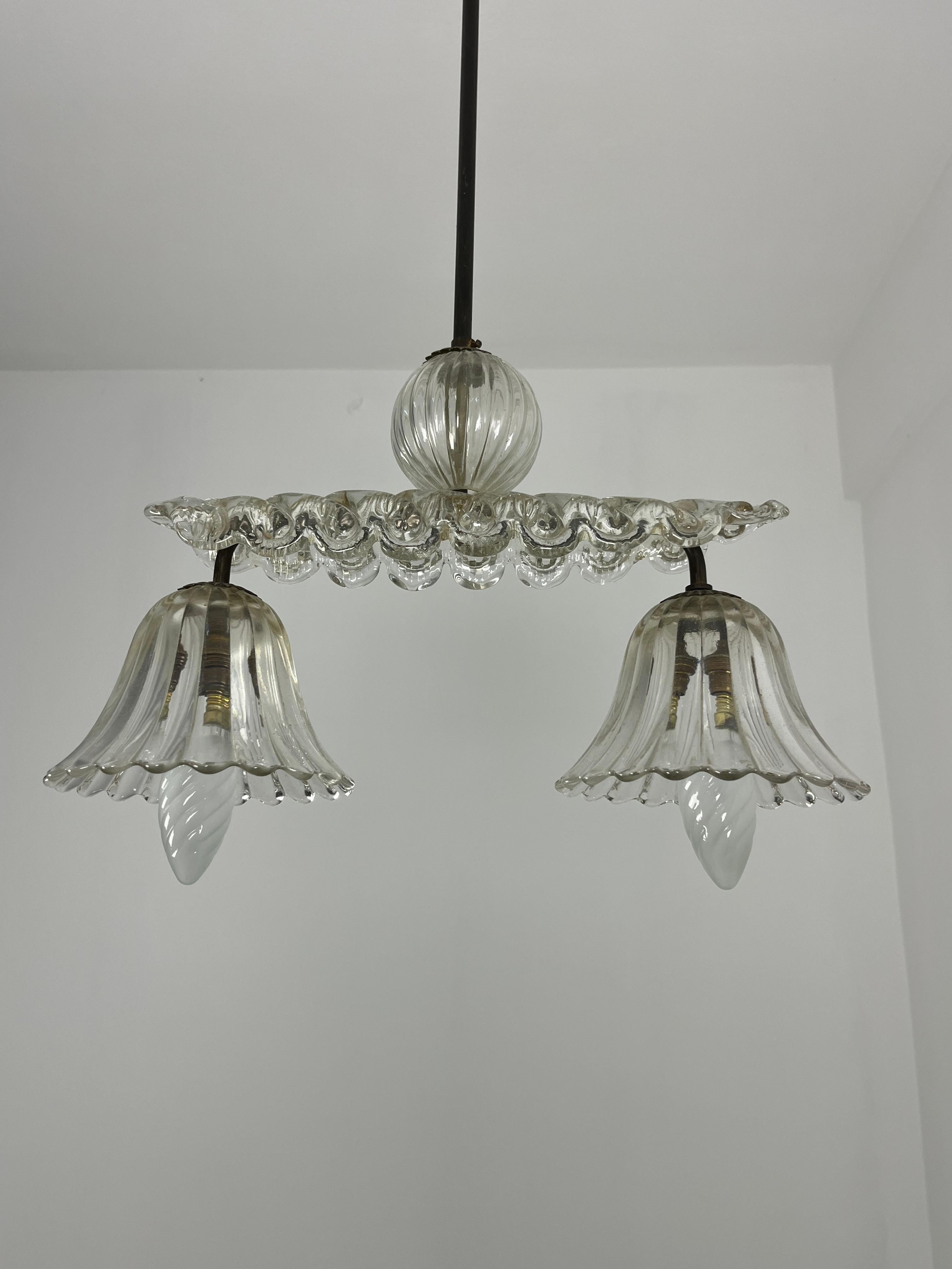 Lampadario di metà secolo in vetro di Murano e ottone di Barovier&Toso, anni '40 in vendita 4