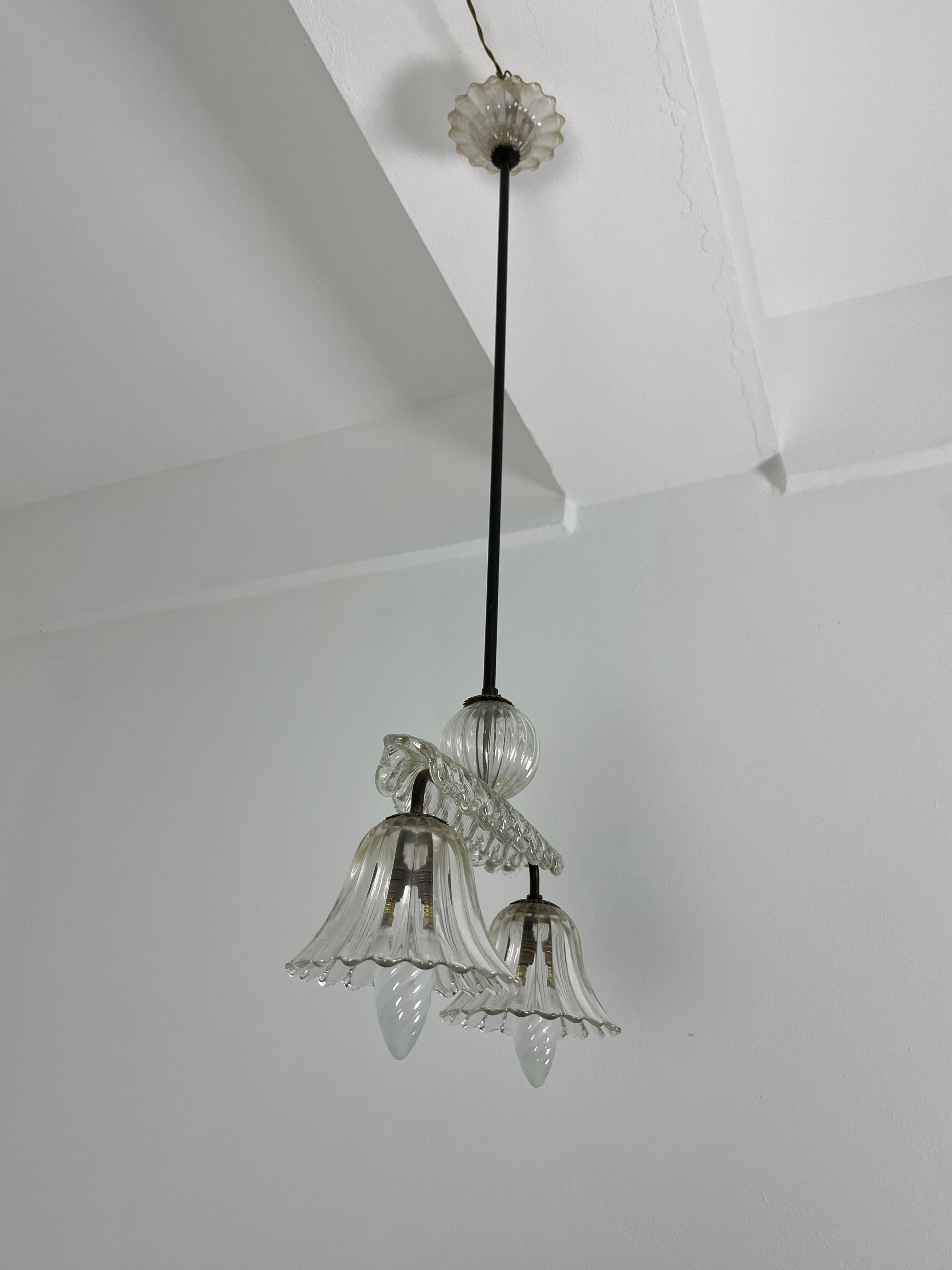 Lampadario di metà secolo in vetro di Murano e ottone di Barovier&Toso, anni '40 in vendita 5