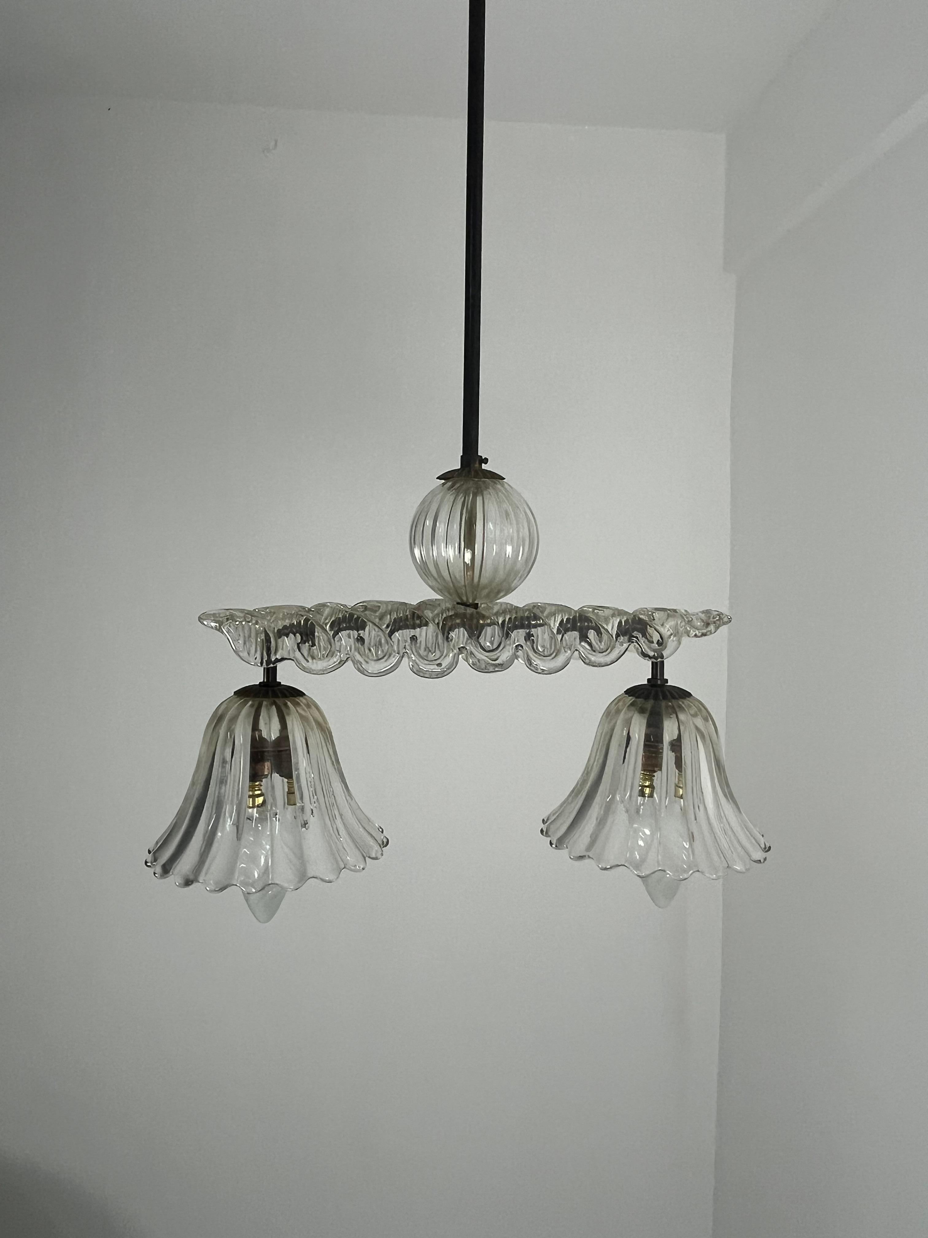 Lampadario di metà secolo in vetro di Murano e ottone di Barovier&Toso, anni '40 in vendita 8
