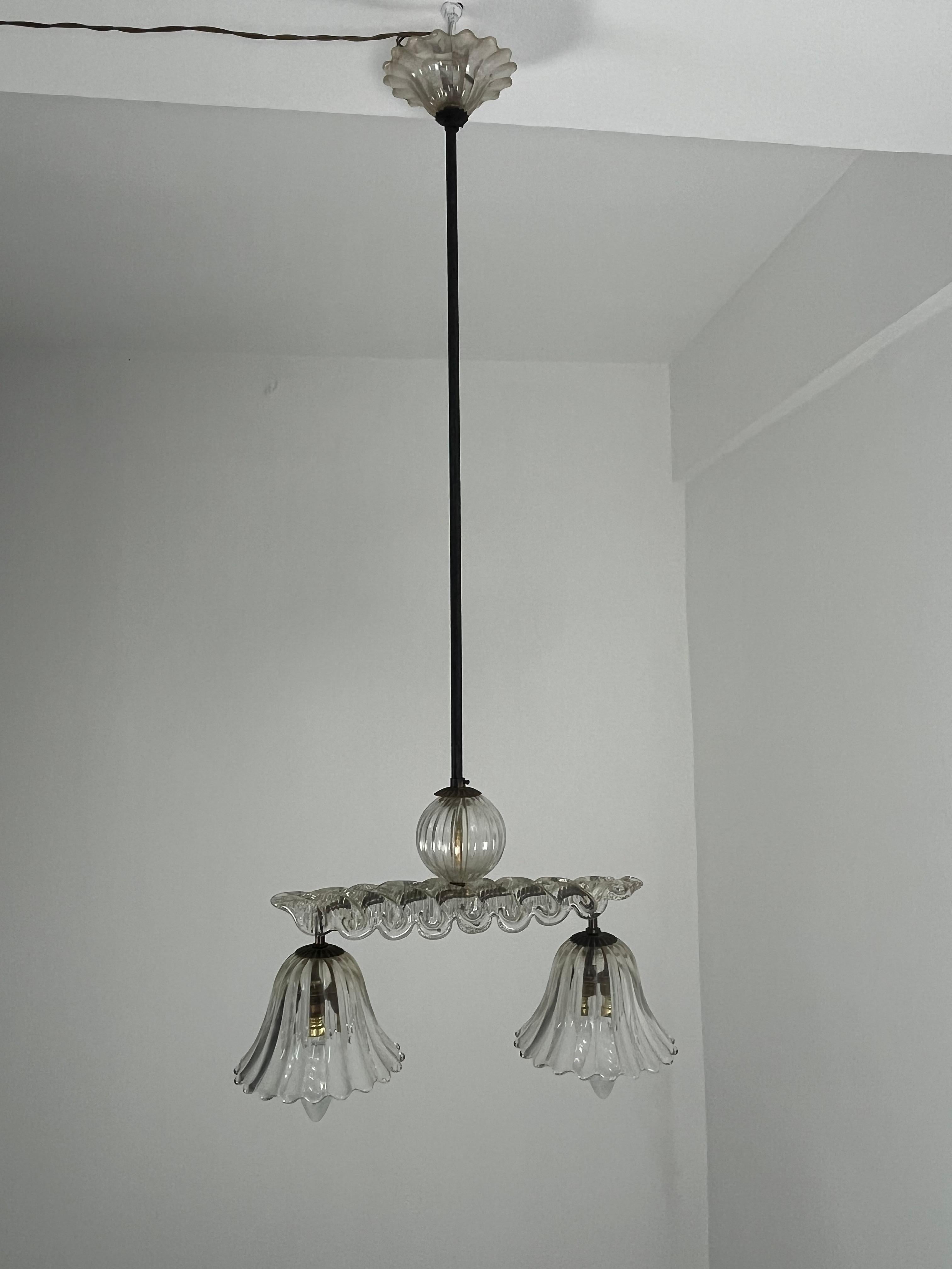 Lampadario di metà secolo in vetro di Murano e ottone di Barovier&Toso, anni '40 in vendita 9