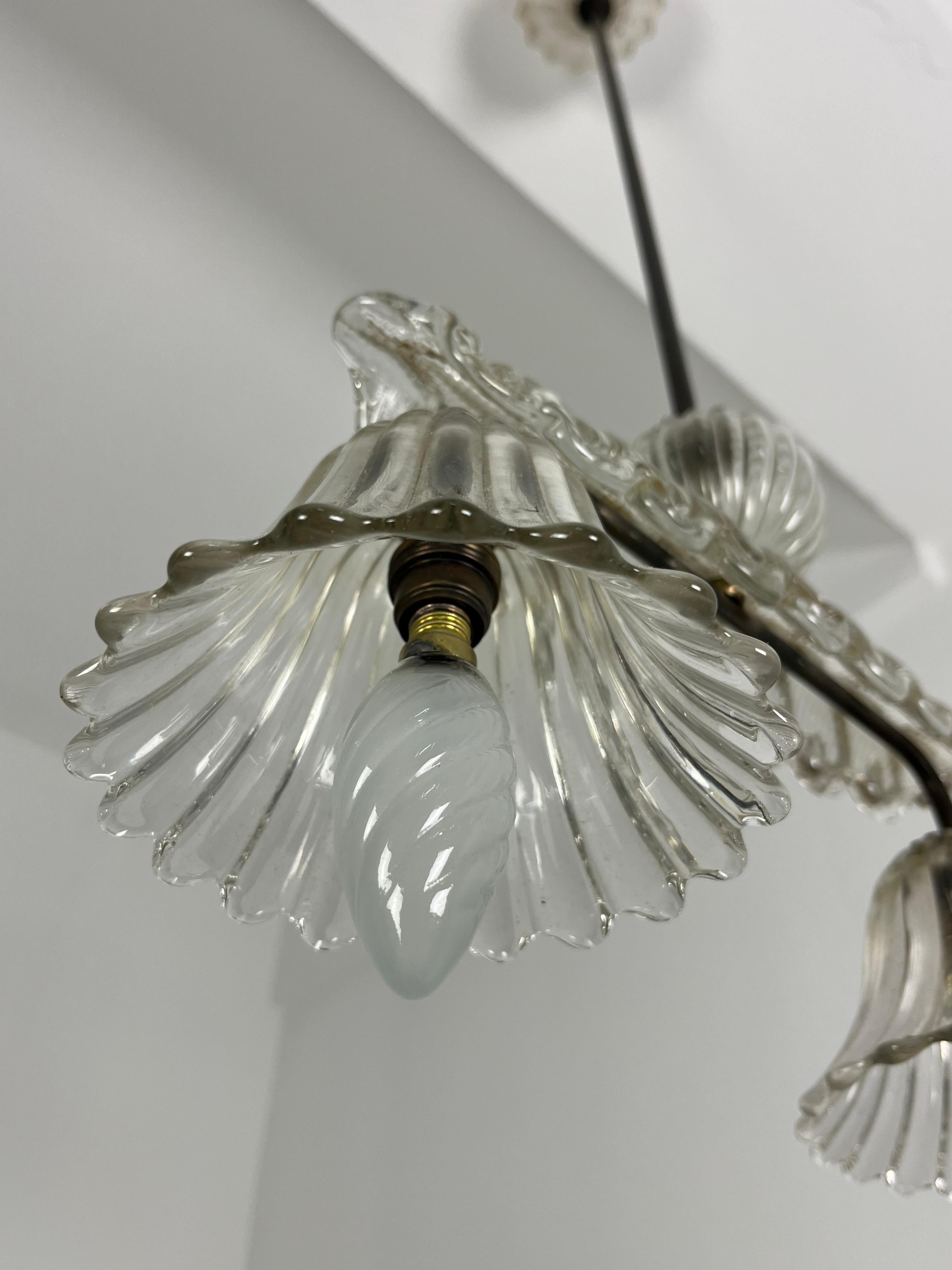 Lampadario di metà secolo in vetro di Murano e ottone di Barovier&Toso, anni '40 in vendita 3