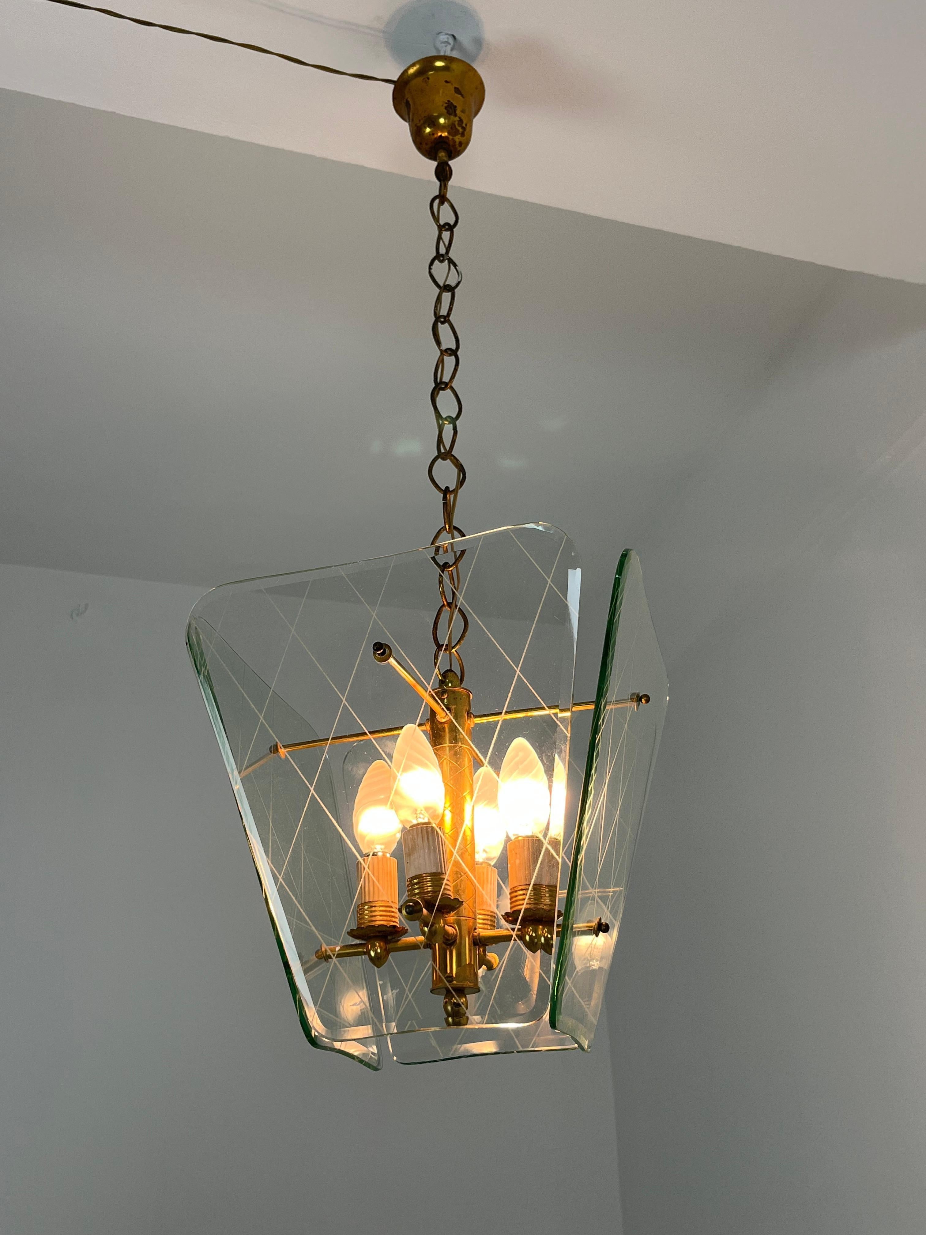 Lampadario di metà secolo in vetro di Murano e ottone di Pietro Chiesa per Fontana Arte in vendita 4