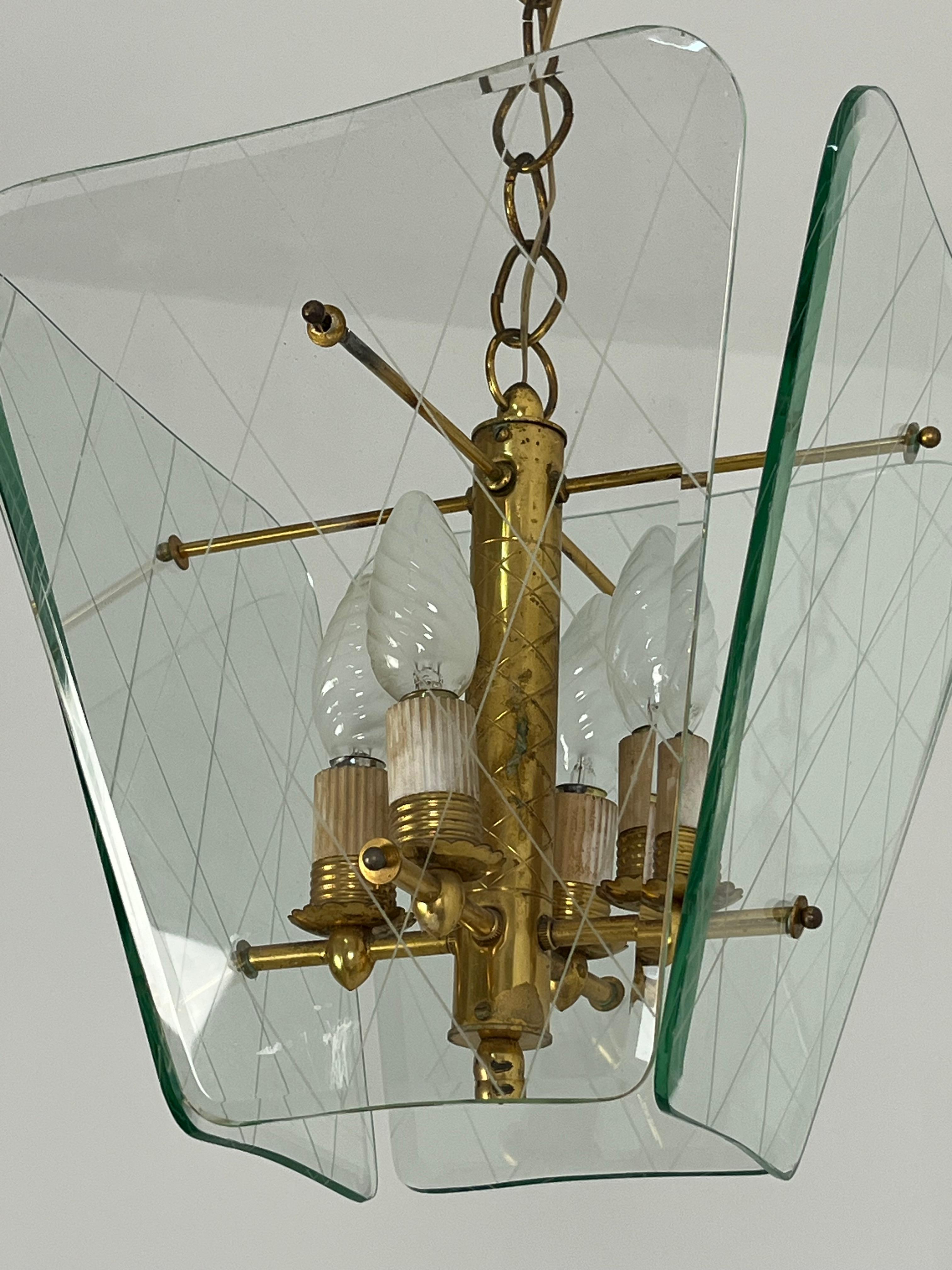 Lampadario di metà secolo in vetro di Murano e ottone di Pietro Chiesa per Fontana Arte In condizioni buone in vendita a Palermo, IT