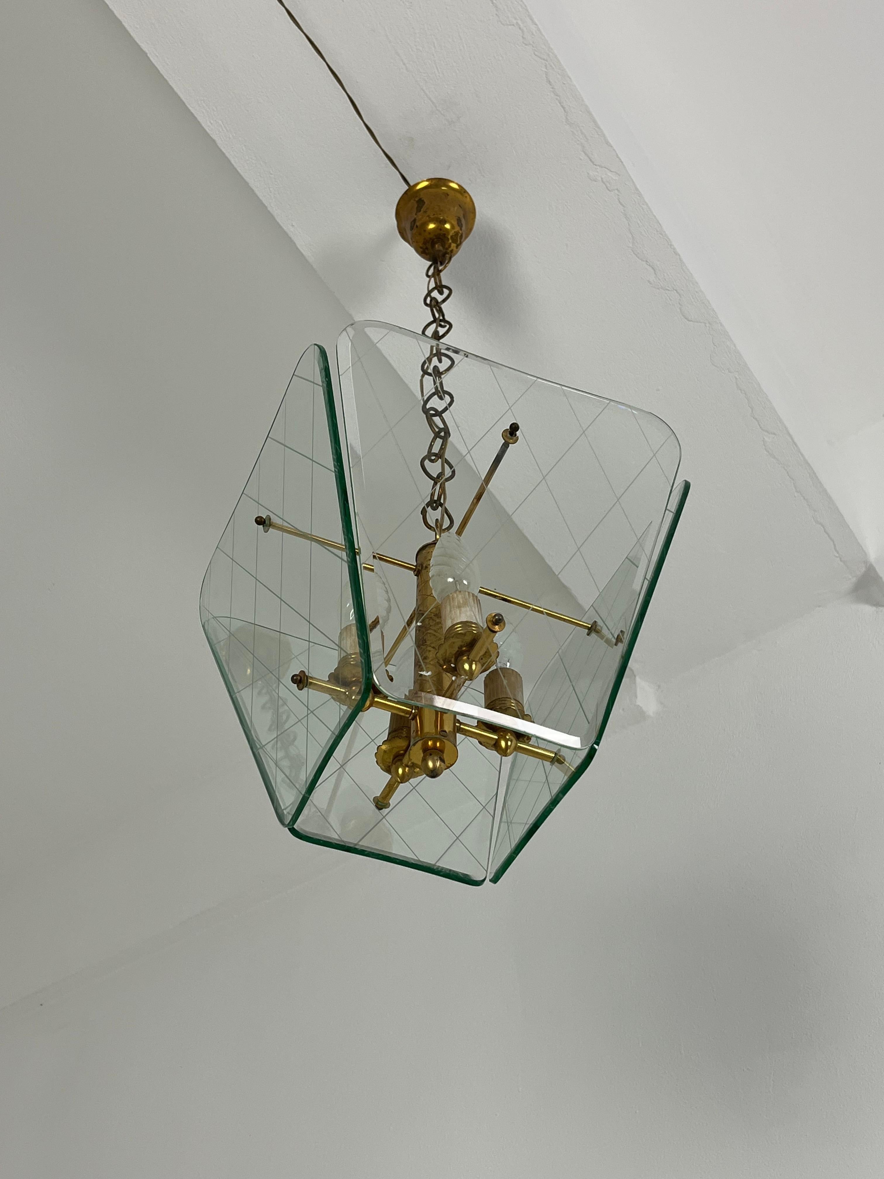 Metà XX secolo Lampadario di metà secolo in vetro di Murano e ottone di Pietro Chiesa per Fontana Arte in vendita