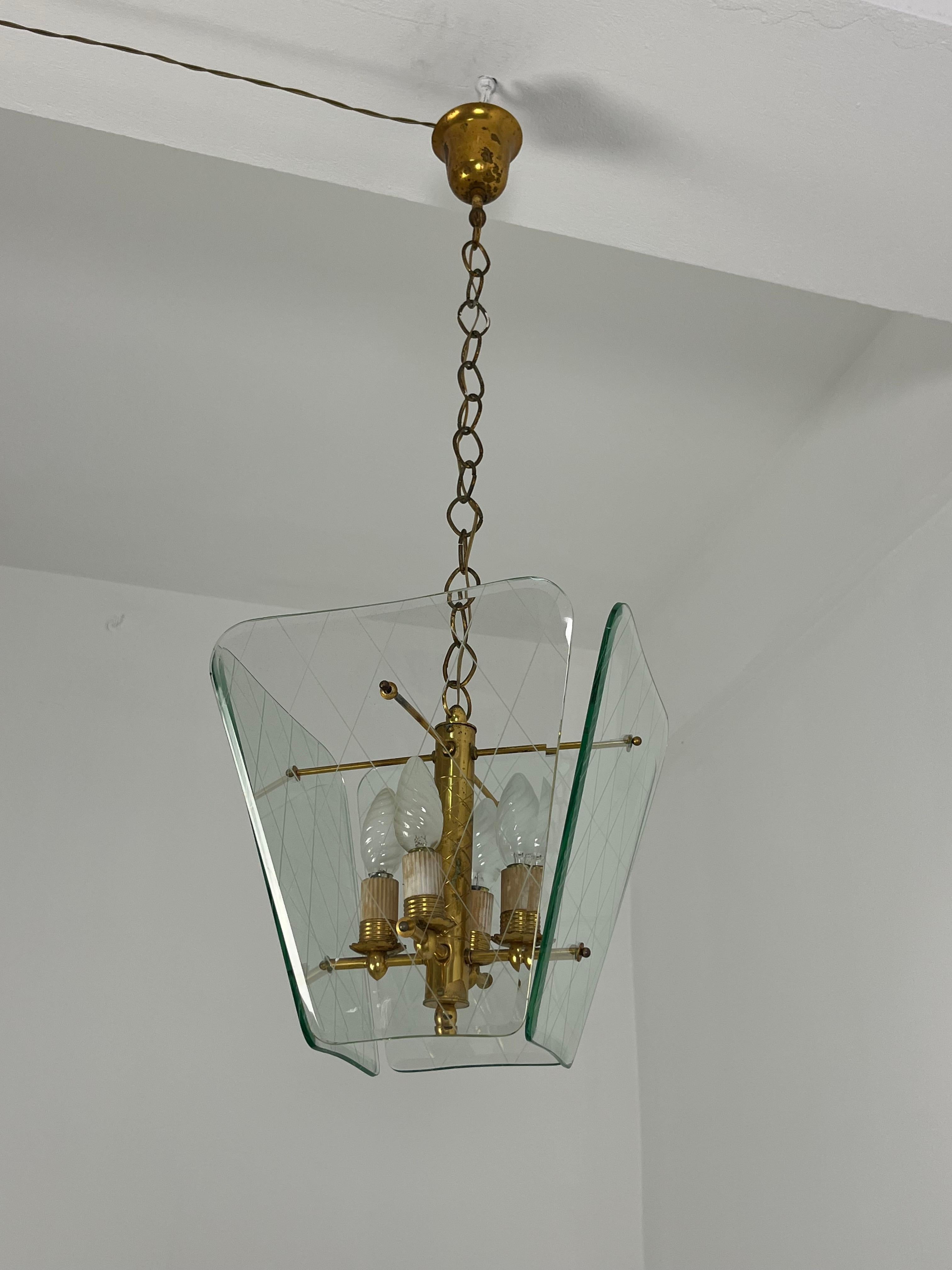Lampadario di metà secolo in vetro di Murano e ottone di Pietro Chiesa per Fontana Arte in vendita 2