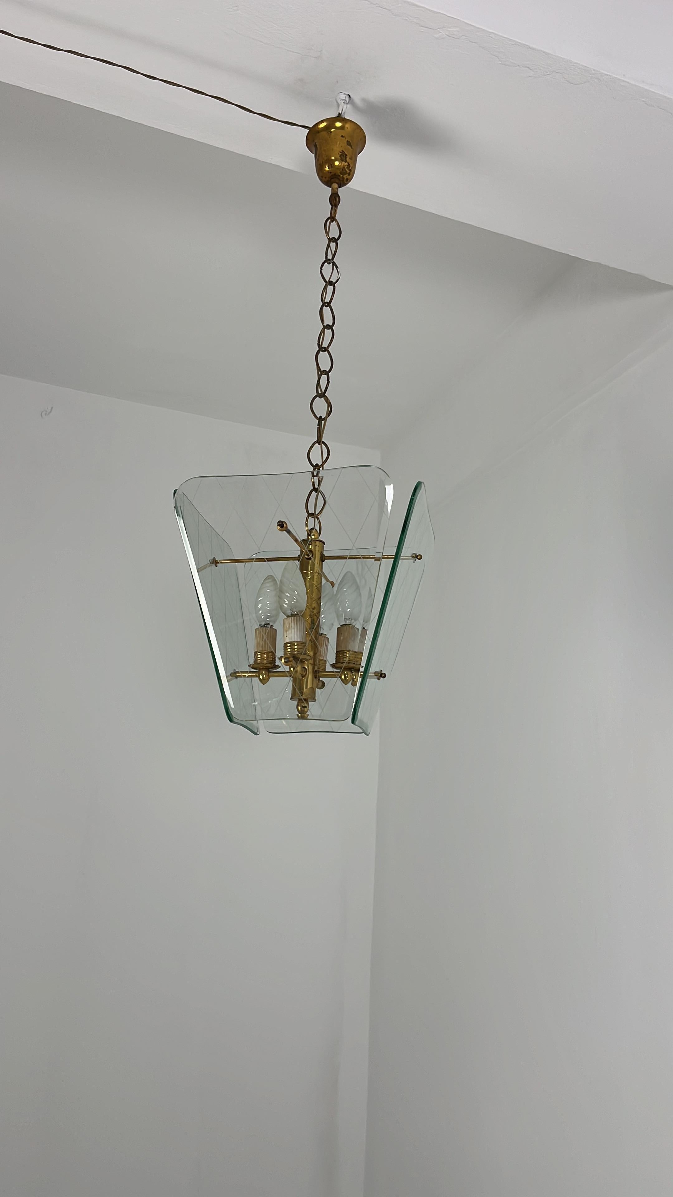 Lampadario di metà secolo in vetro di Murano e ottone di Pietro Chiesa per Fontana Arte in vendita 3