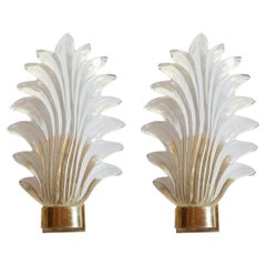 Mid Century Murano Glass and Brass Palm Sconces Mazzega Style, a Pair