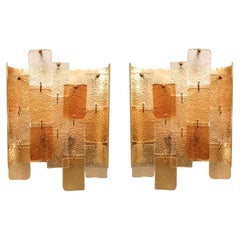 Midcentury Murano Glass and Brass Square Sconces, a Pair