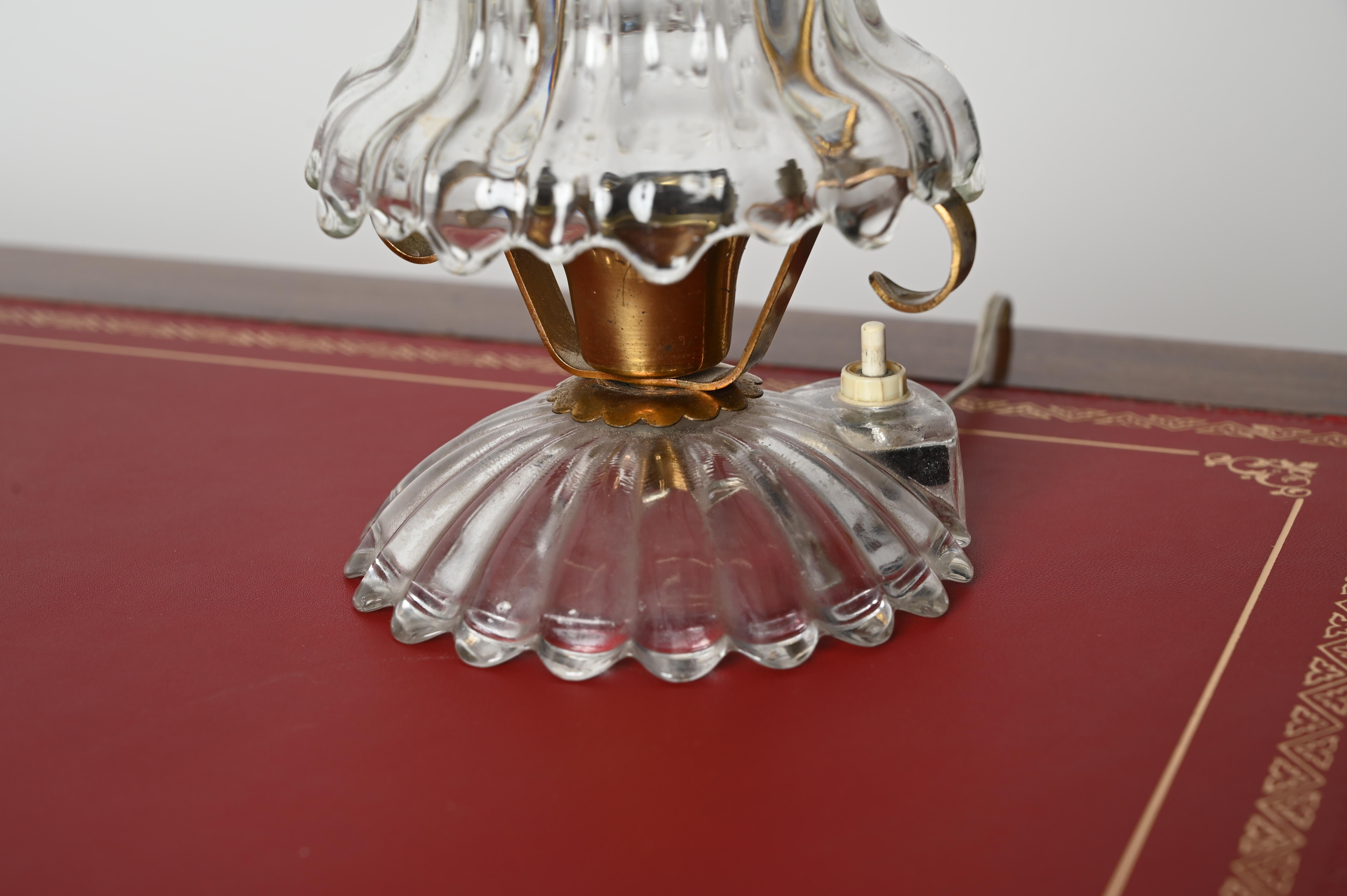 Hand-Crafted Mid-Century Murano Glass and Brass Table Lamp, Barovier, Italy, 1940s For Sale