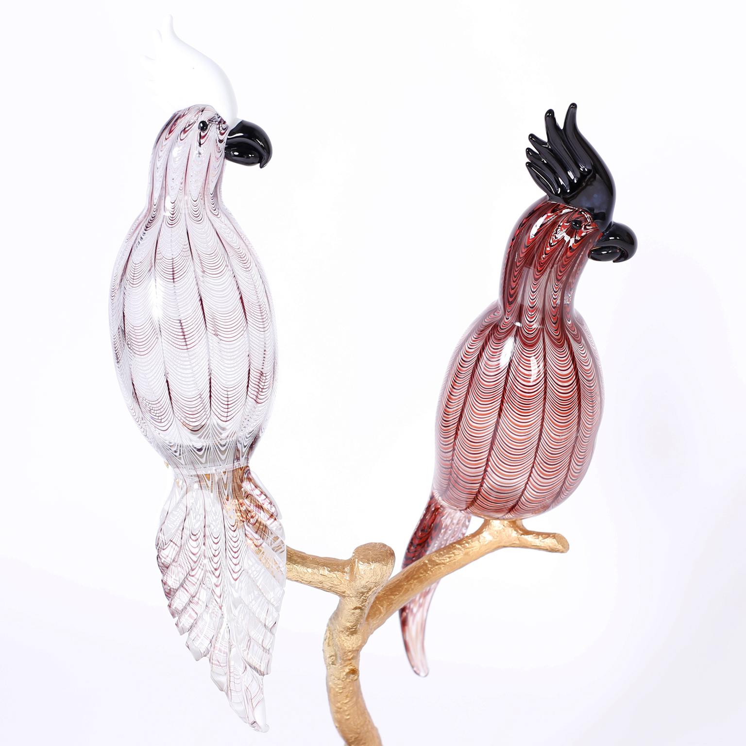 Italian Midcentury Murano Glass and Bronze Sculpture with Two Birds by Zico Zanetti For Sale