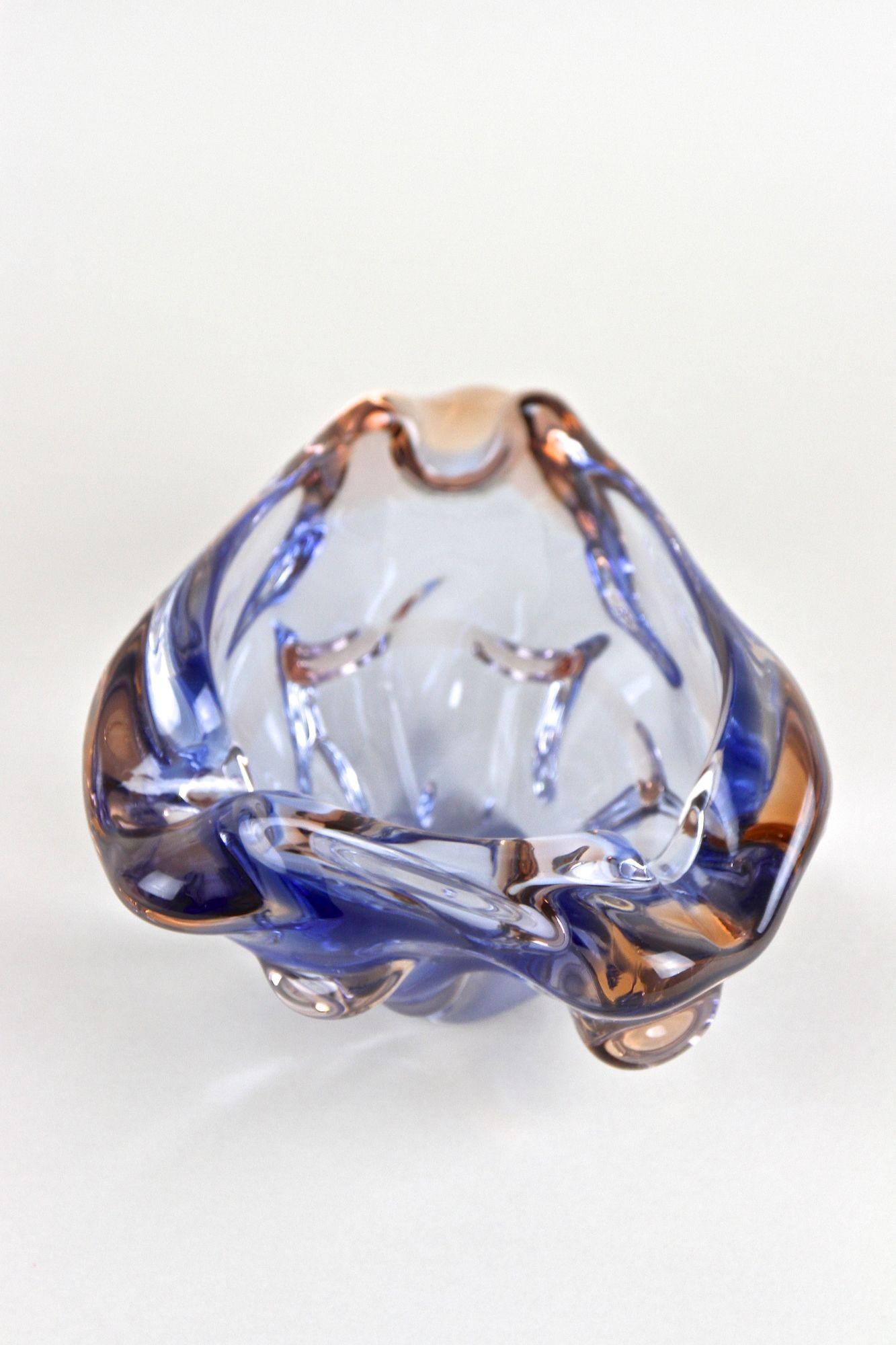 Italian Mid Century Murano Glass Bowl, Blue/ Amber Colored, Italy circa 1960/70 For Sale