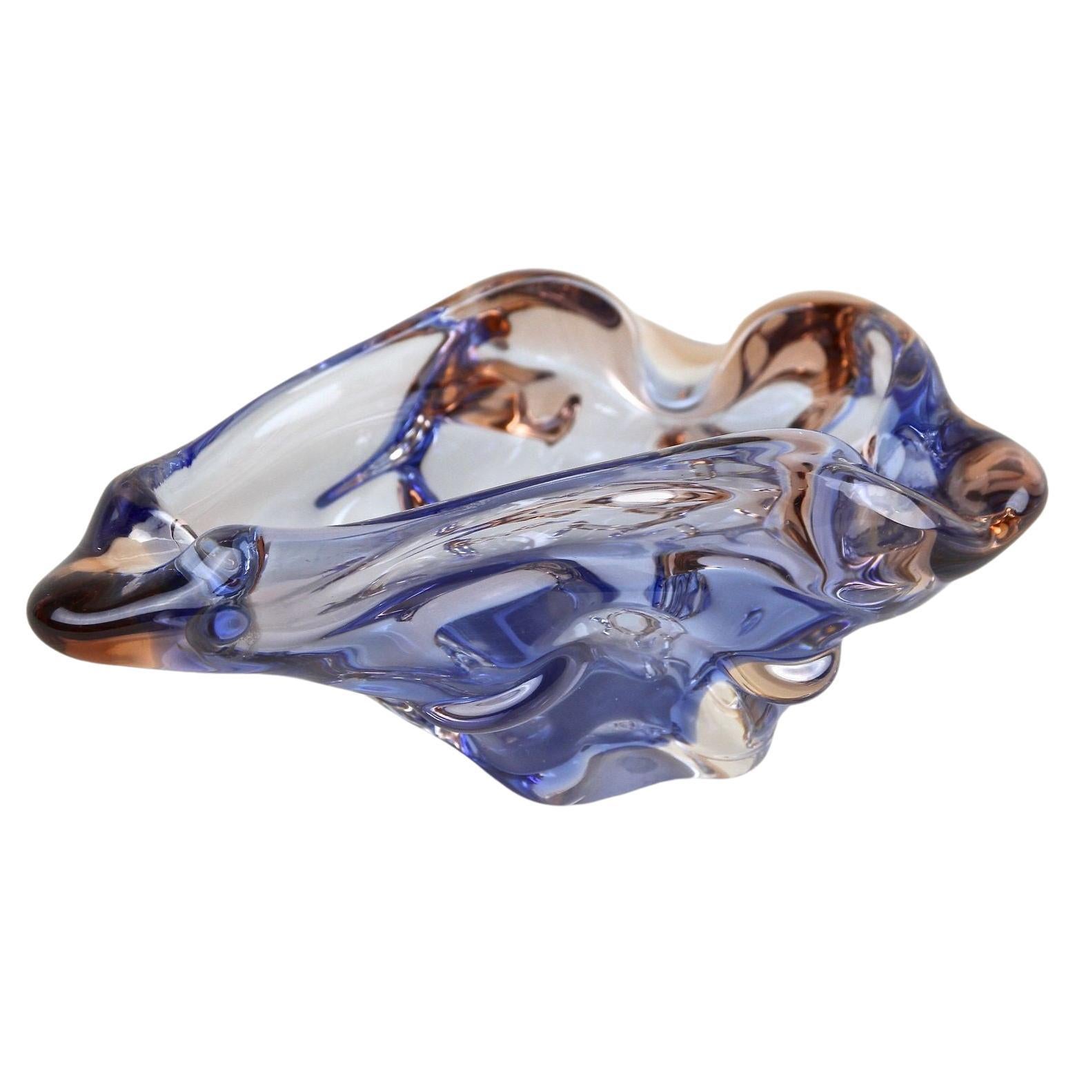 Mid Century Murano Glass Bowl, Blue/ Amber Colored, Italy circa 1960/70