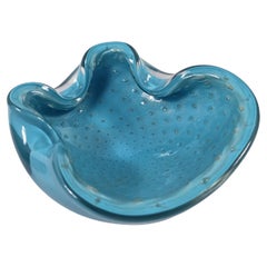 Mid-Century Murano Glass Bowl by Alfredo Barbini, Pale Blue with Gold Polveri