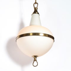 Mid-Century Murano Glass & Brass Banded Detailed Pendant Chandelier