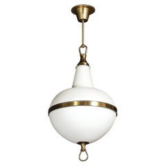 Mid-Century Murano Glass & Brass Banded Detailed Pendant Chandelier
