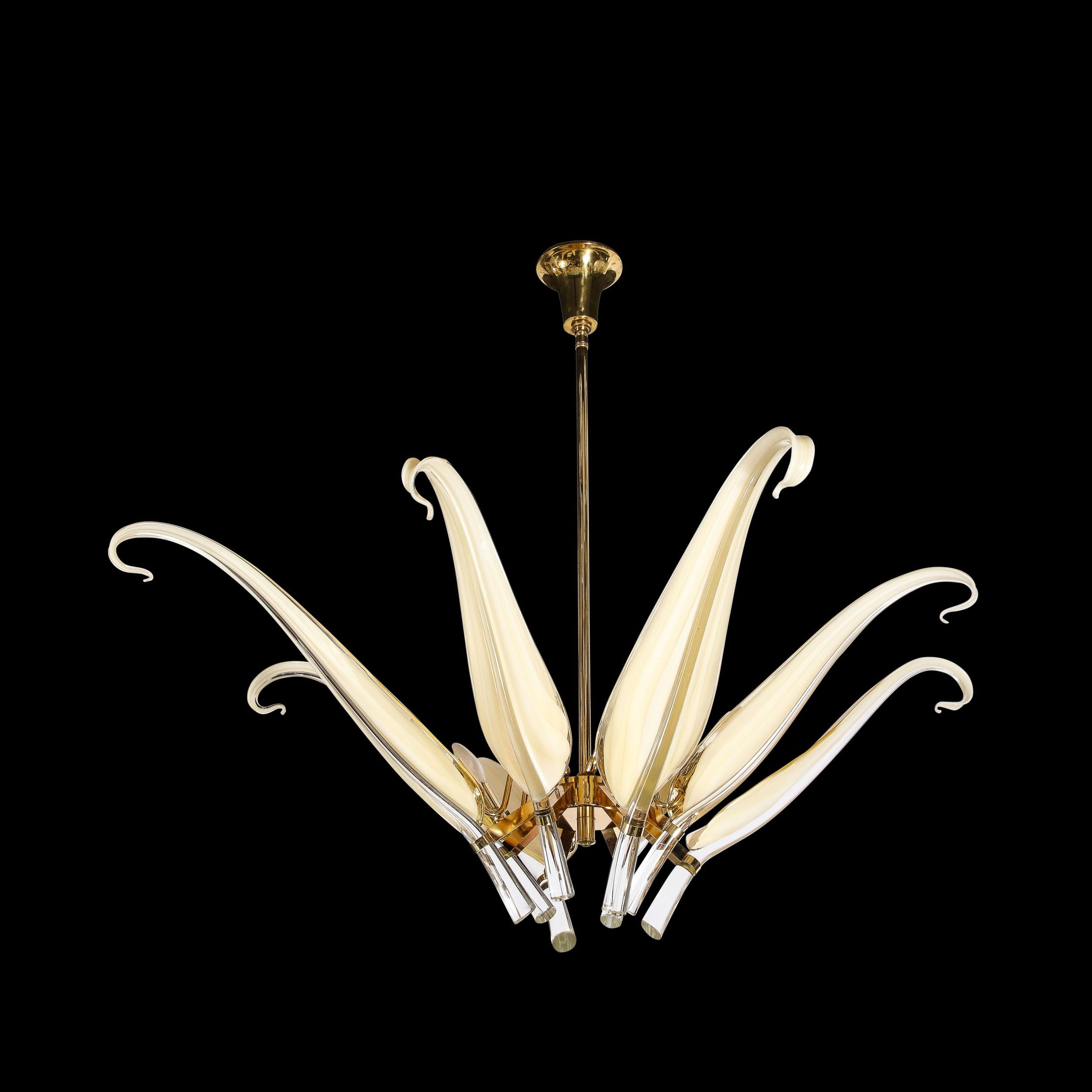 Laiton Lustre à huit bras en verre de Murano et laiton de Franco Luce par Seguso