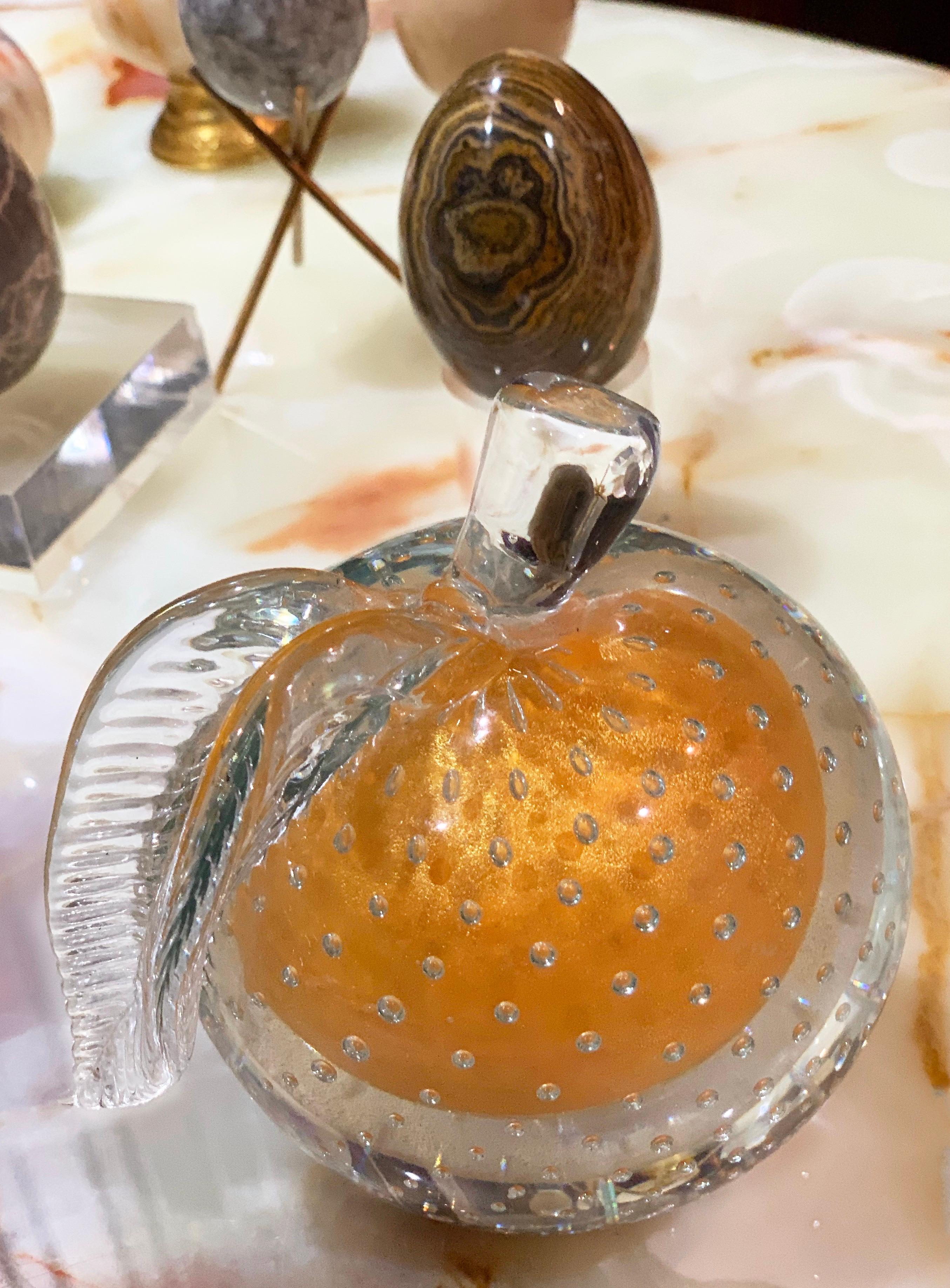 Mid-Century Modern Midcentury Murano Glass Bubble Peach Crystal Gold Sculpture Barbini Art Glass