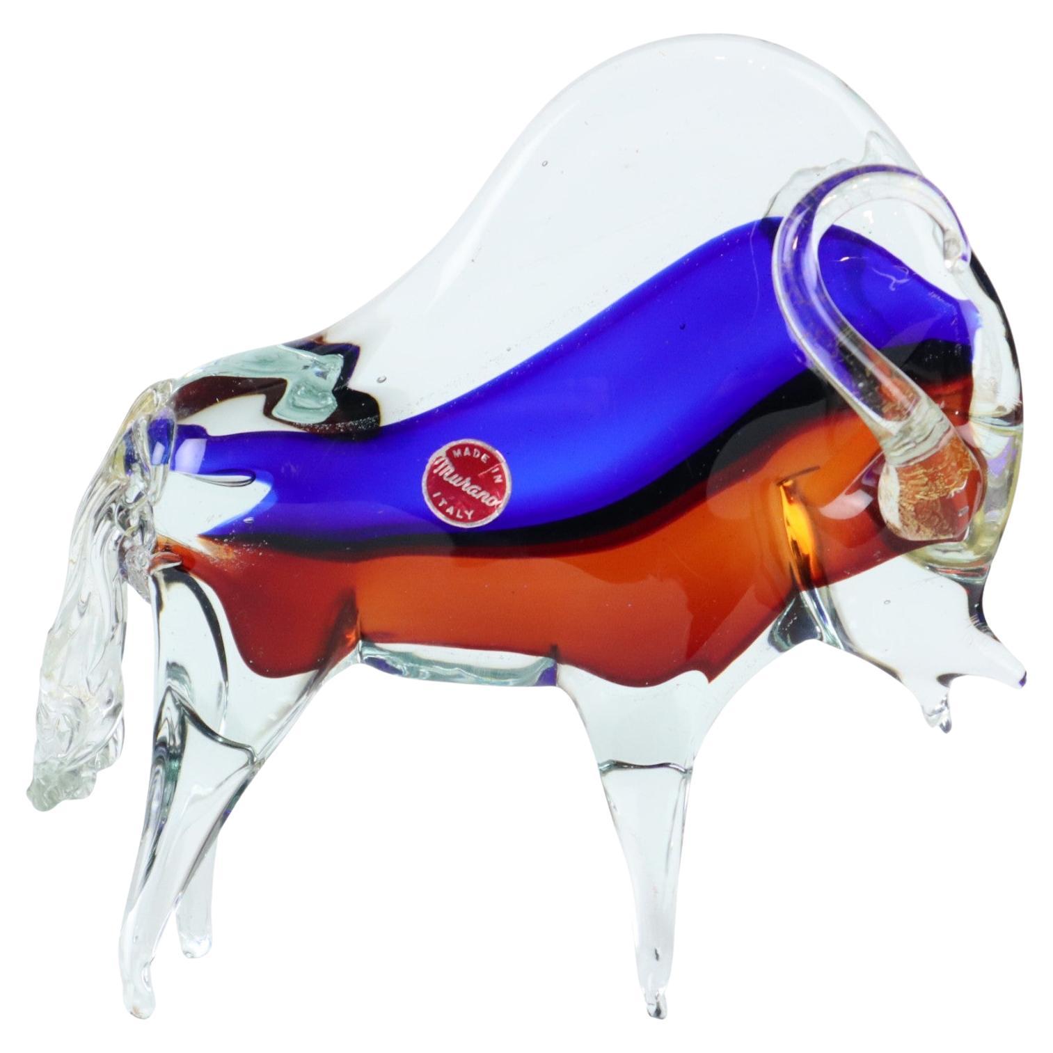 Mid Century Murano Glass Bull Sculpture Statue Somerso Glass Art