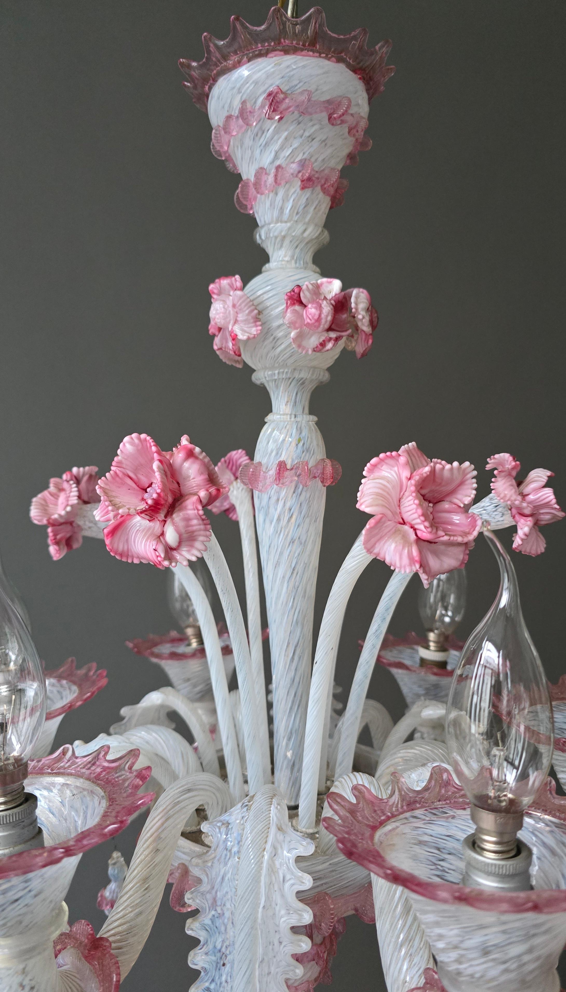 Murano-Glas-Kronleuchter aus der Jahrhundertmitte mit rosa Blumen, 6 Lichter im Angebot 6