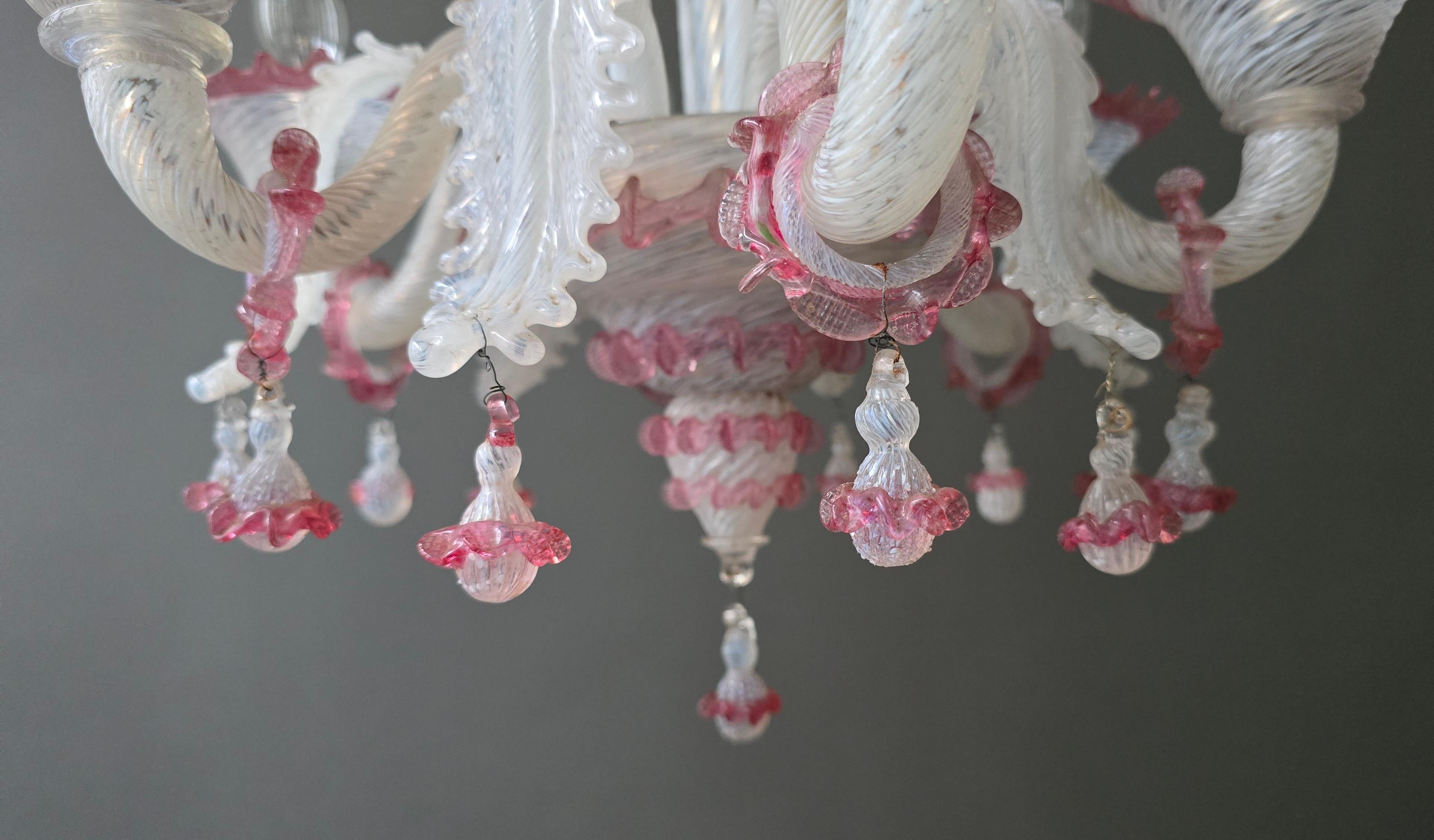 Murano-Glas-Kronleuchter aus der Jahrhundertmitte mit rosa Blumen, 6 Lichter im Angebot 7